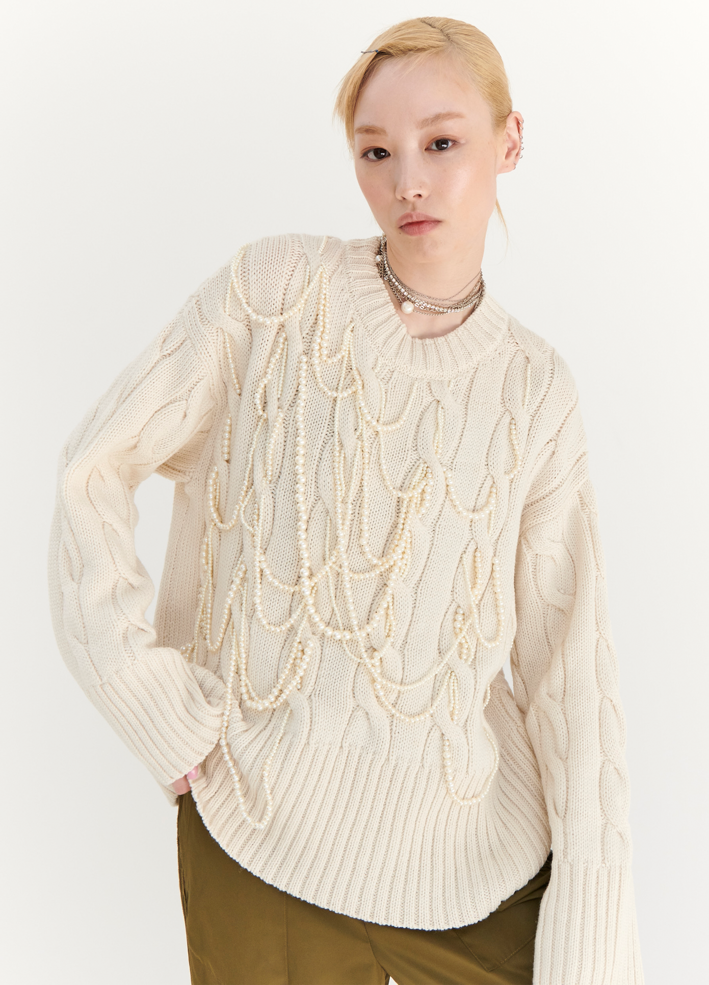 MONSE Pearl Detail Sweater in Ivory on model front view