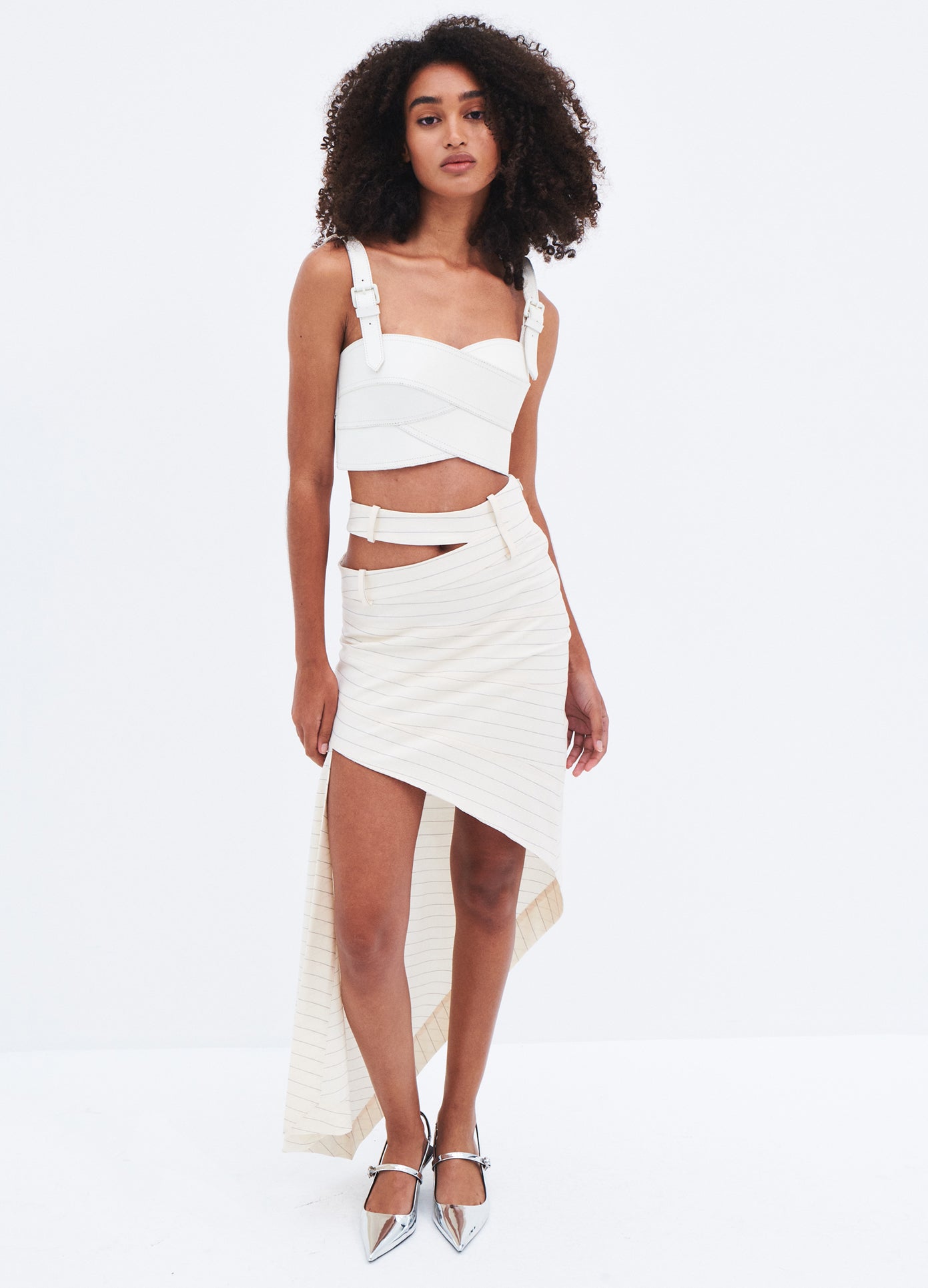 MONSE Pinstripe Slashed WB Skirt in Ivory Pinstripe on model full front view