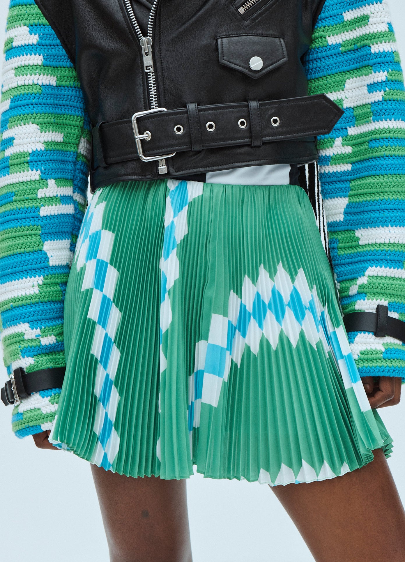 MONSE Pleated Spiral Mini Skirt in Green Multi on Model Front Detail View