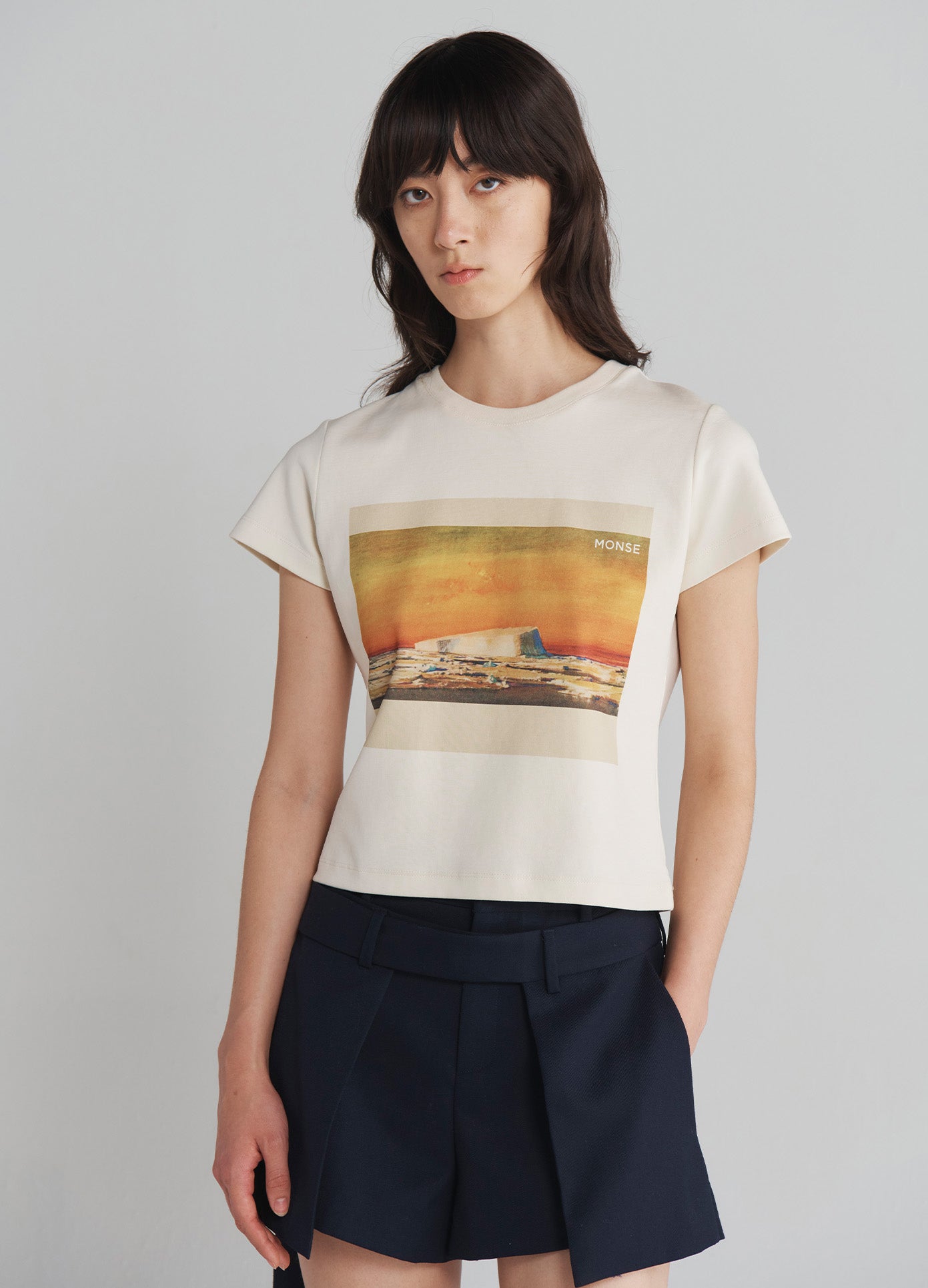 MONSE Postcard Print Tee in Ivory on model front view