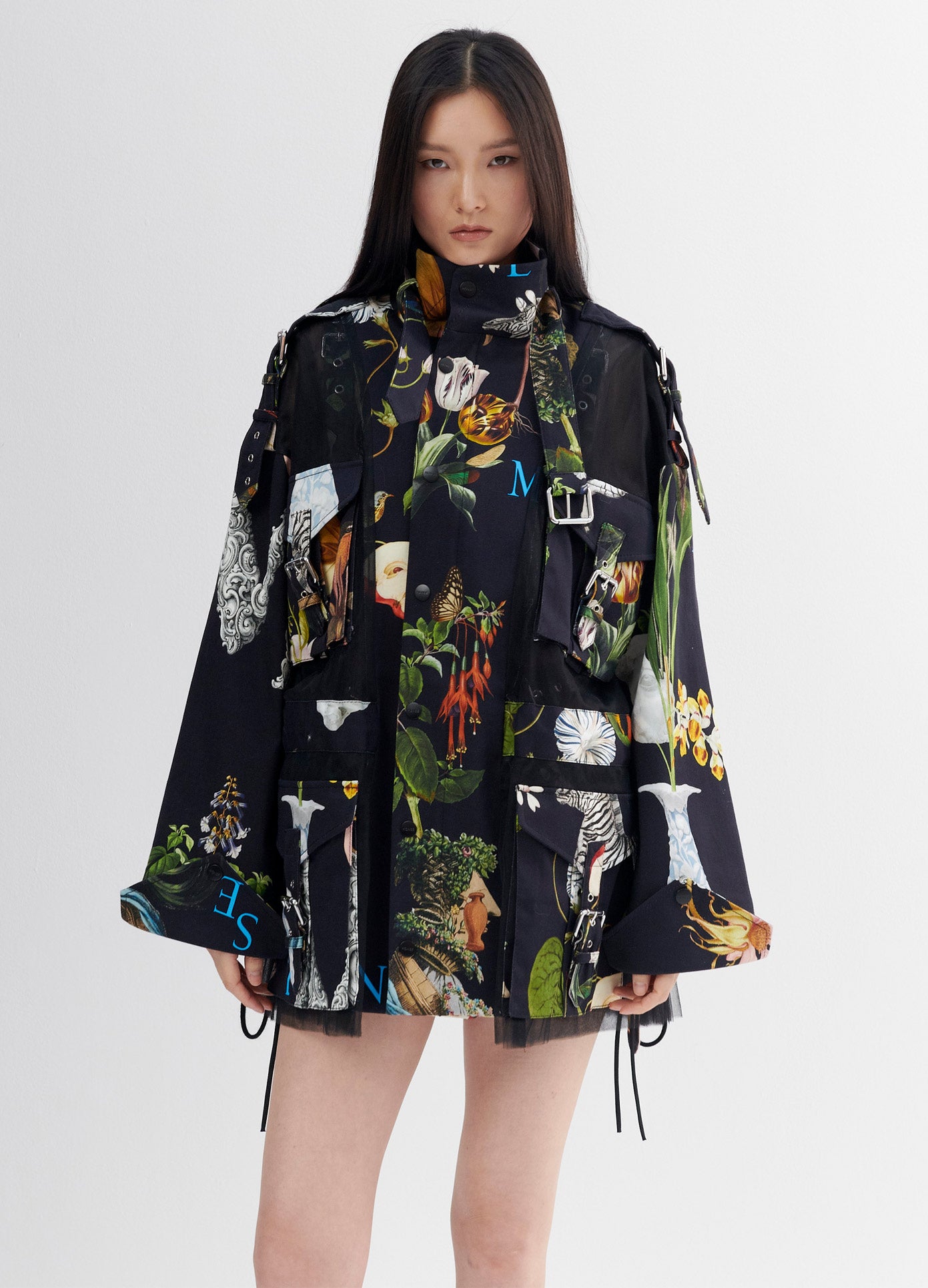 MONSE Print Cargo Tulle Jacket in Black Print on Model Front Main View