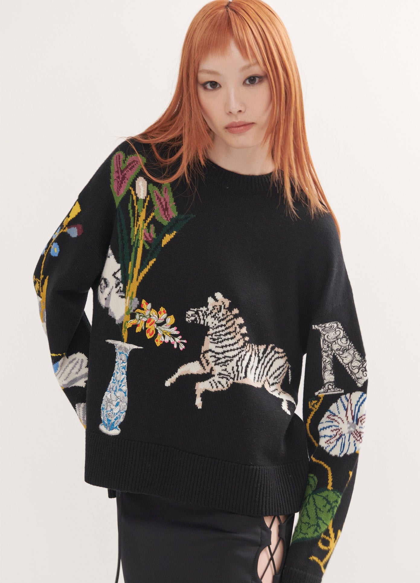 MONSE Print Pullover in Black on Model Front Detail View