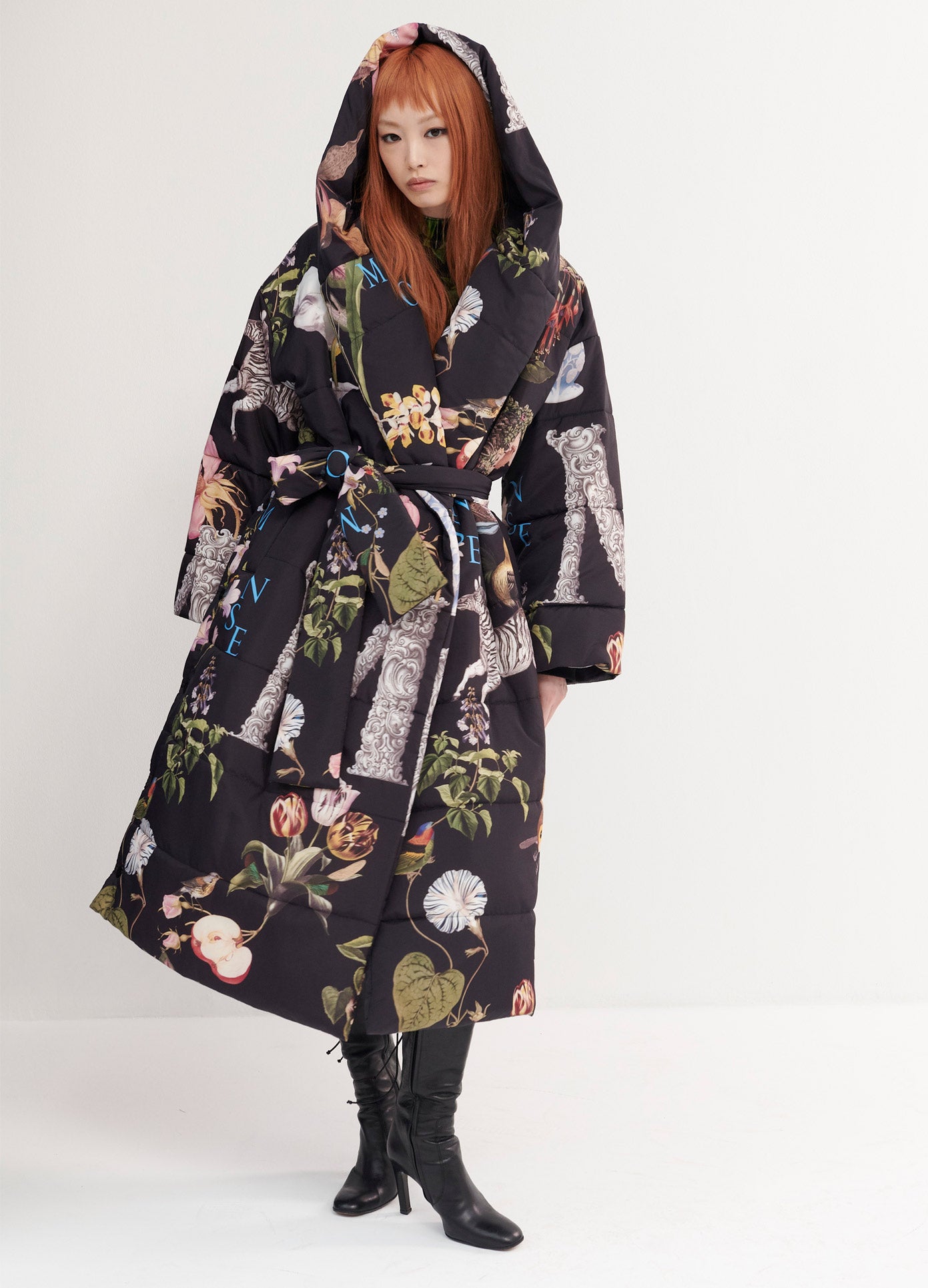 MONSE Print Robe Quilted Coat in Black Print on Model Front View