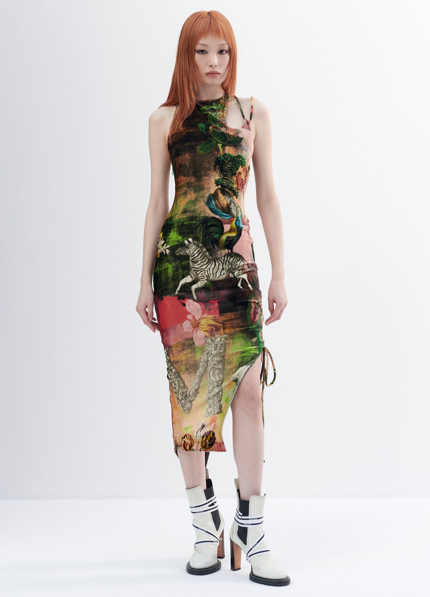 MONSE Print Velvet Lace Up Dress in Print Multi on Model Full Front View