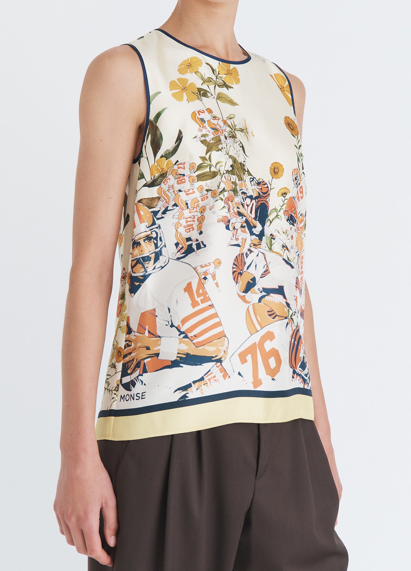 MONSE Printed Crew Neck Top in yellow multi on model front detail view