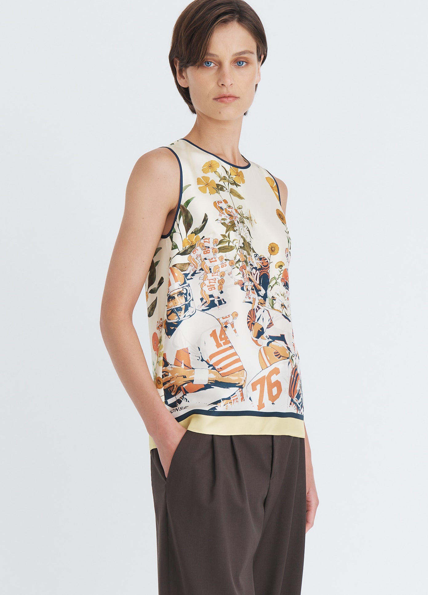 MONSE Printed Crew Neck Top in yellow multi on model front view