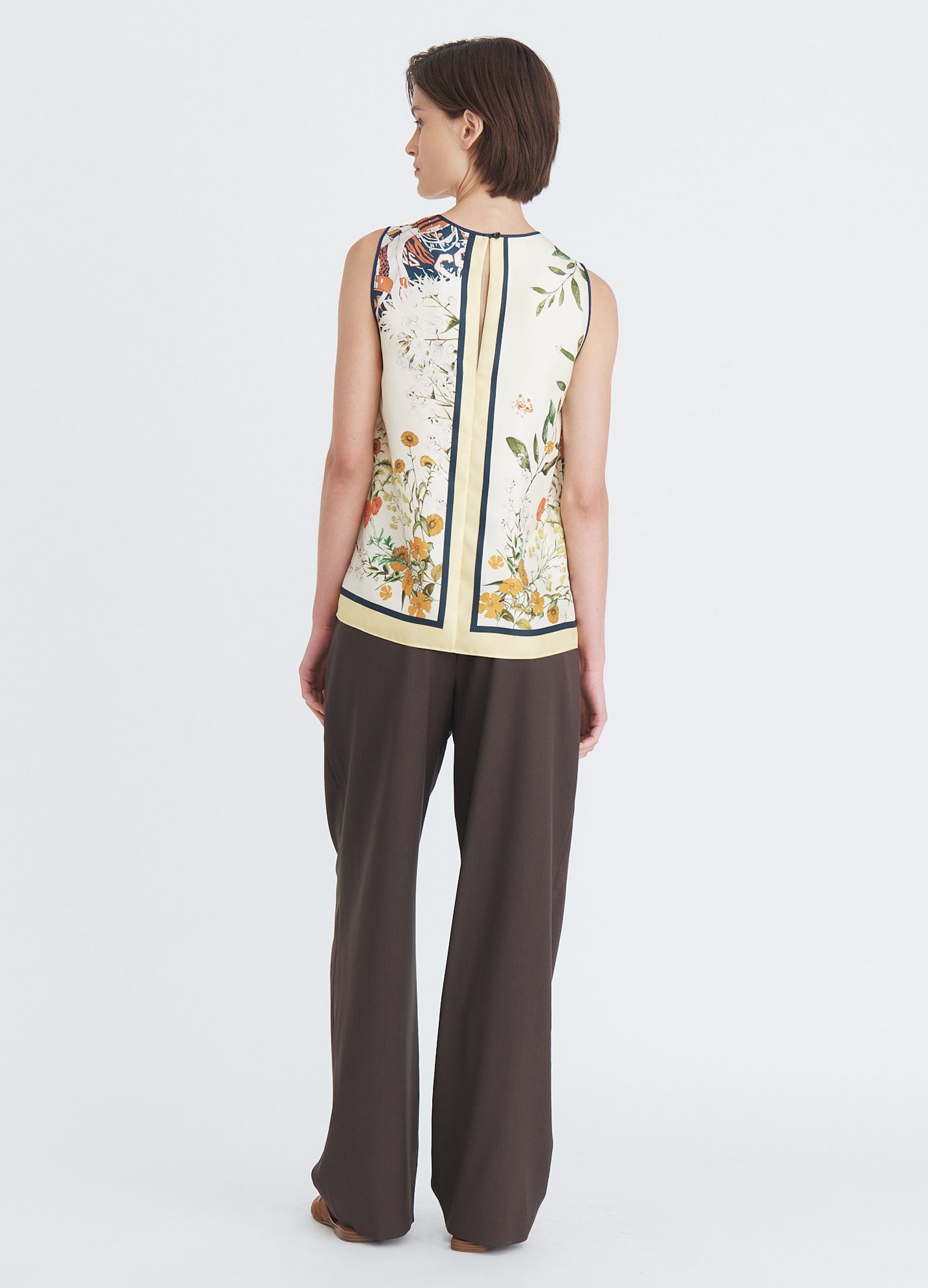 MONSE Printed Crew Neck Top in yellow multi on model full back view