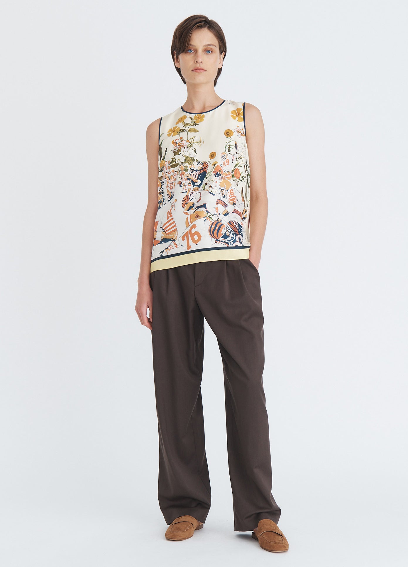 MONSE Printed Crew Neck Top in yellow multi on model full front view