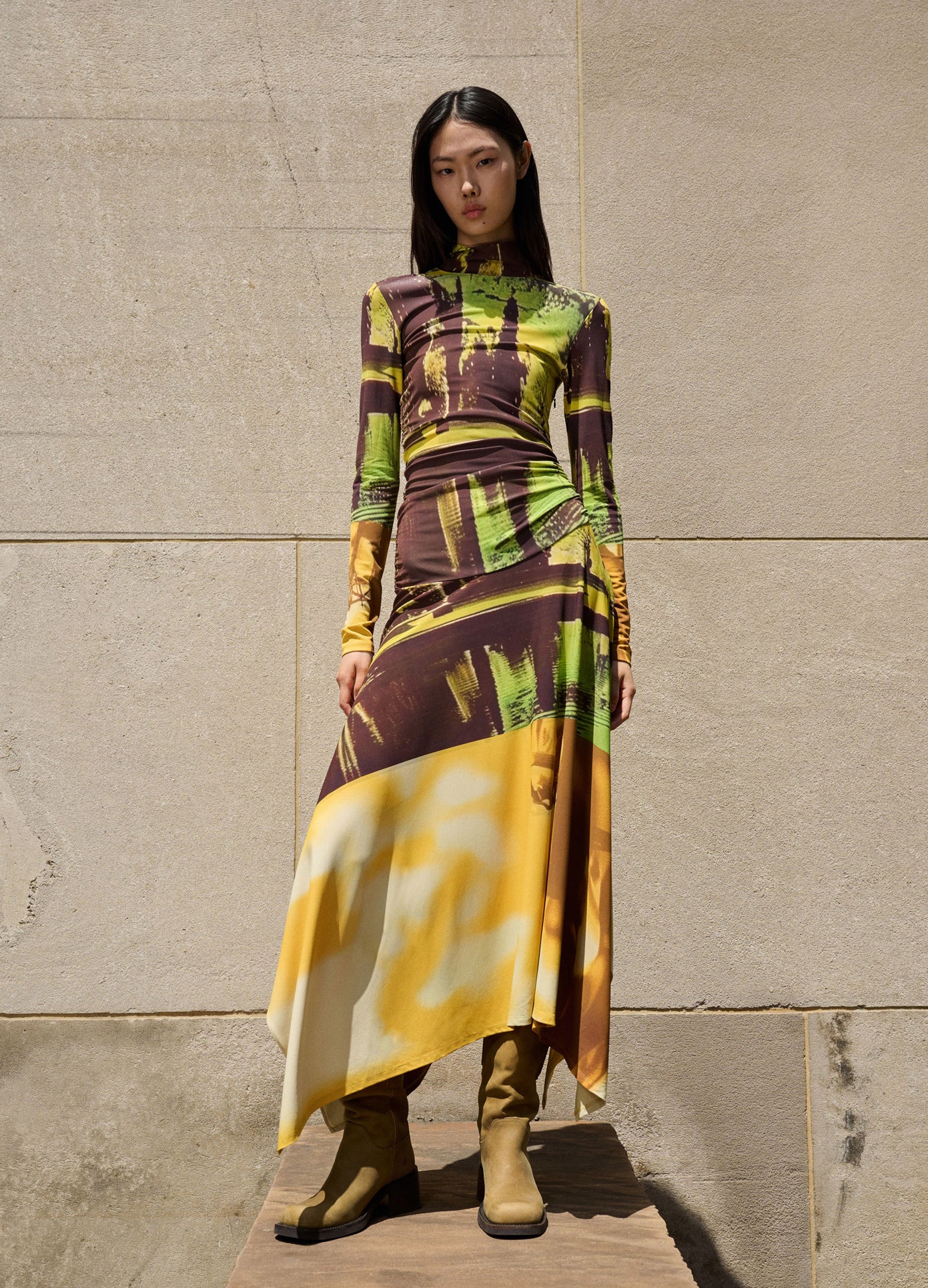 MONSE Printed Jersey Handkerchief Hem Midi Dress in Multi on model editorial image