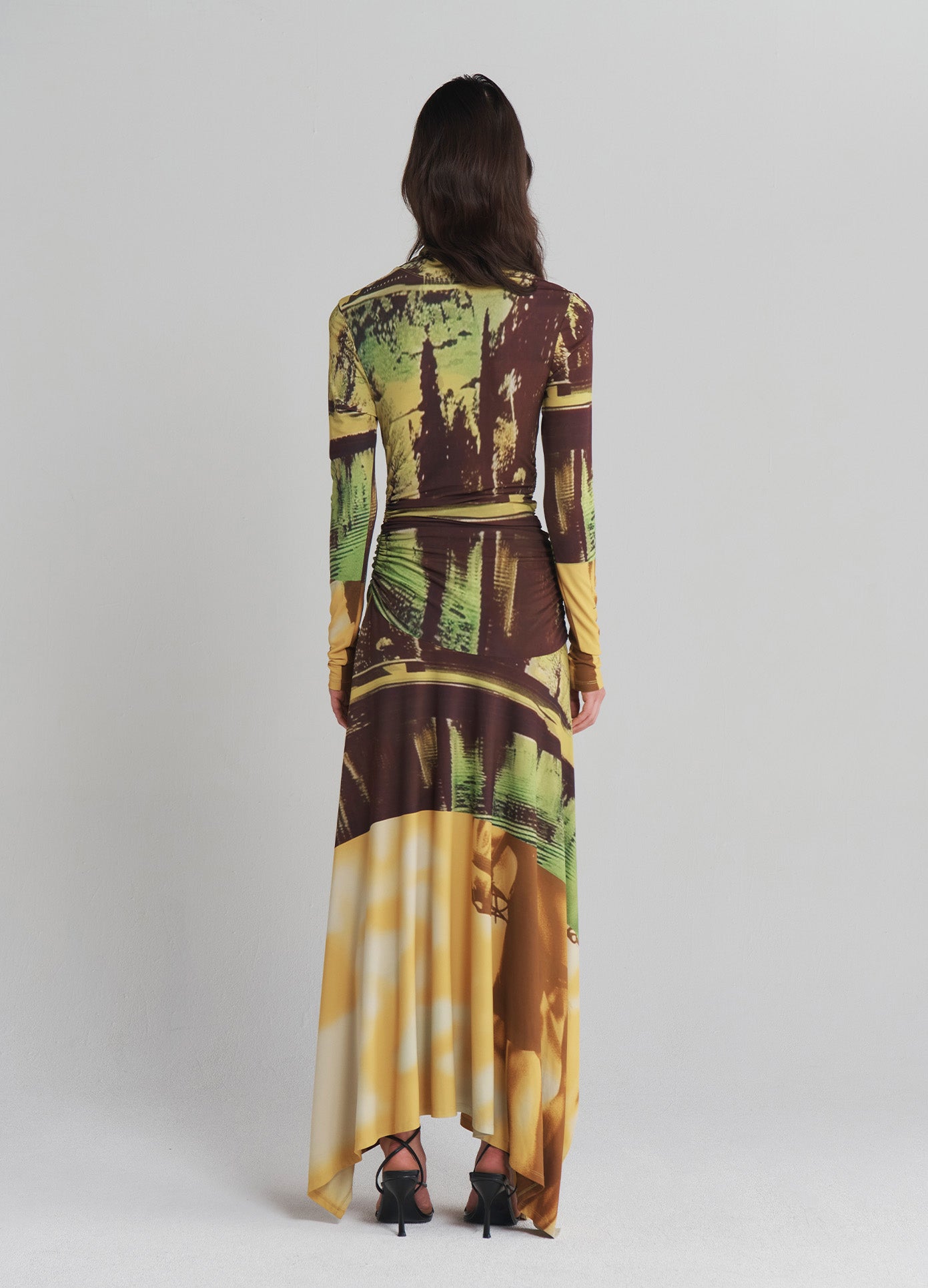 MONSE Printed Jersey Handkerchief Hem Midi Dress in Multi on model full back view