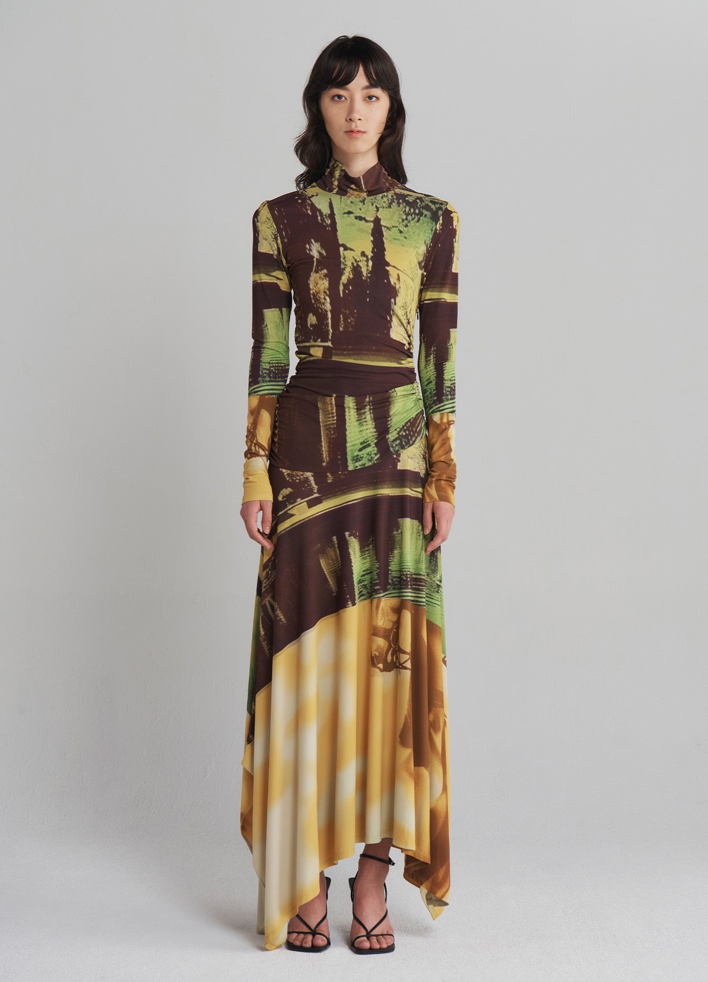 MONSE Printed Jersey Handkerchief Hem Midi Dress in Multi on model full front view