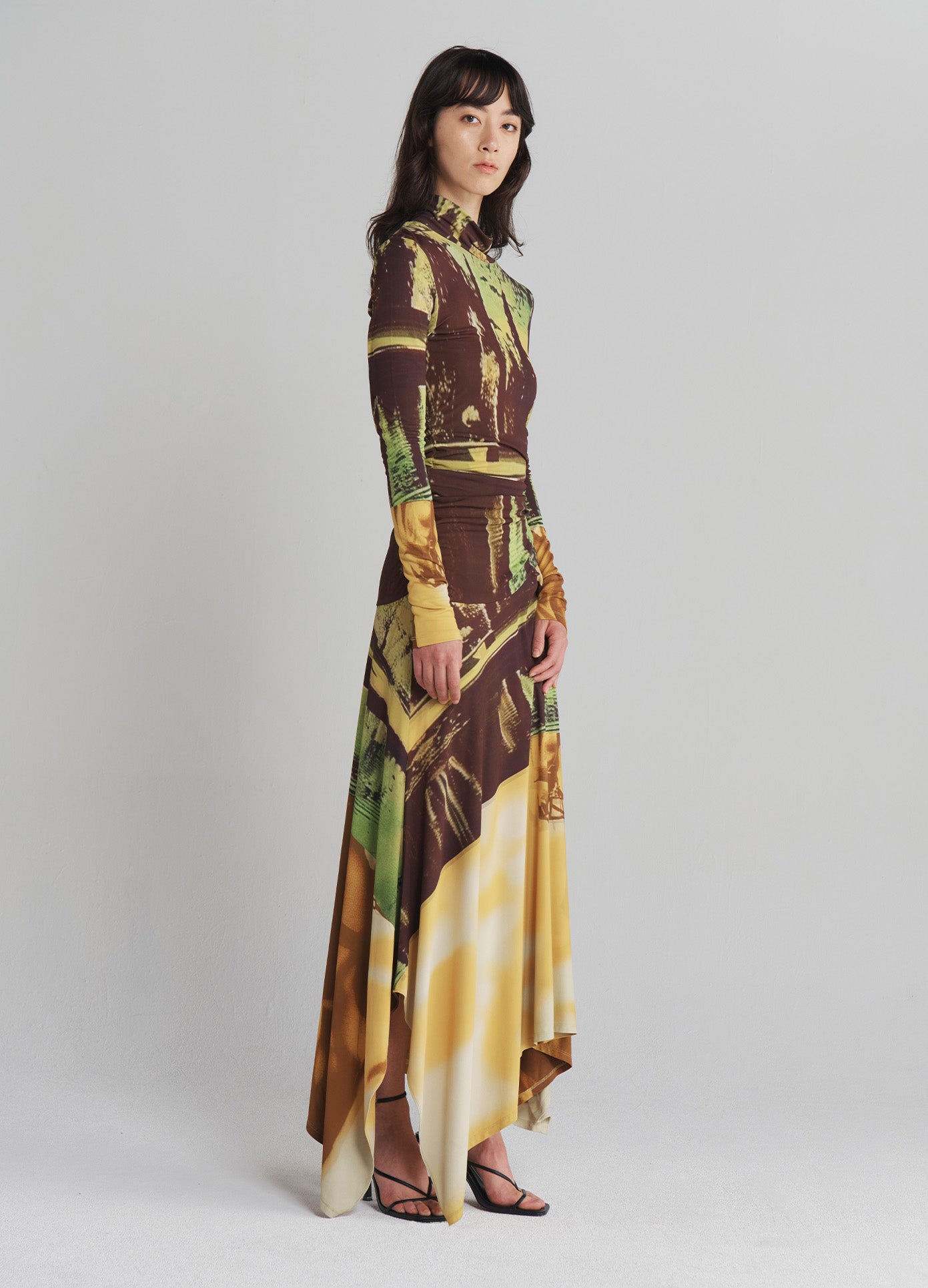 MONSE Printed Jersey Handkerchief Hem Midi Dress in Multi on model full side view