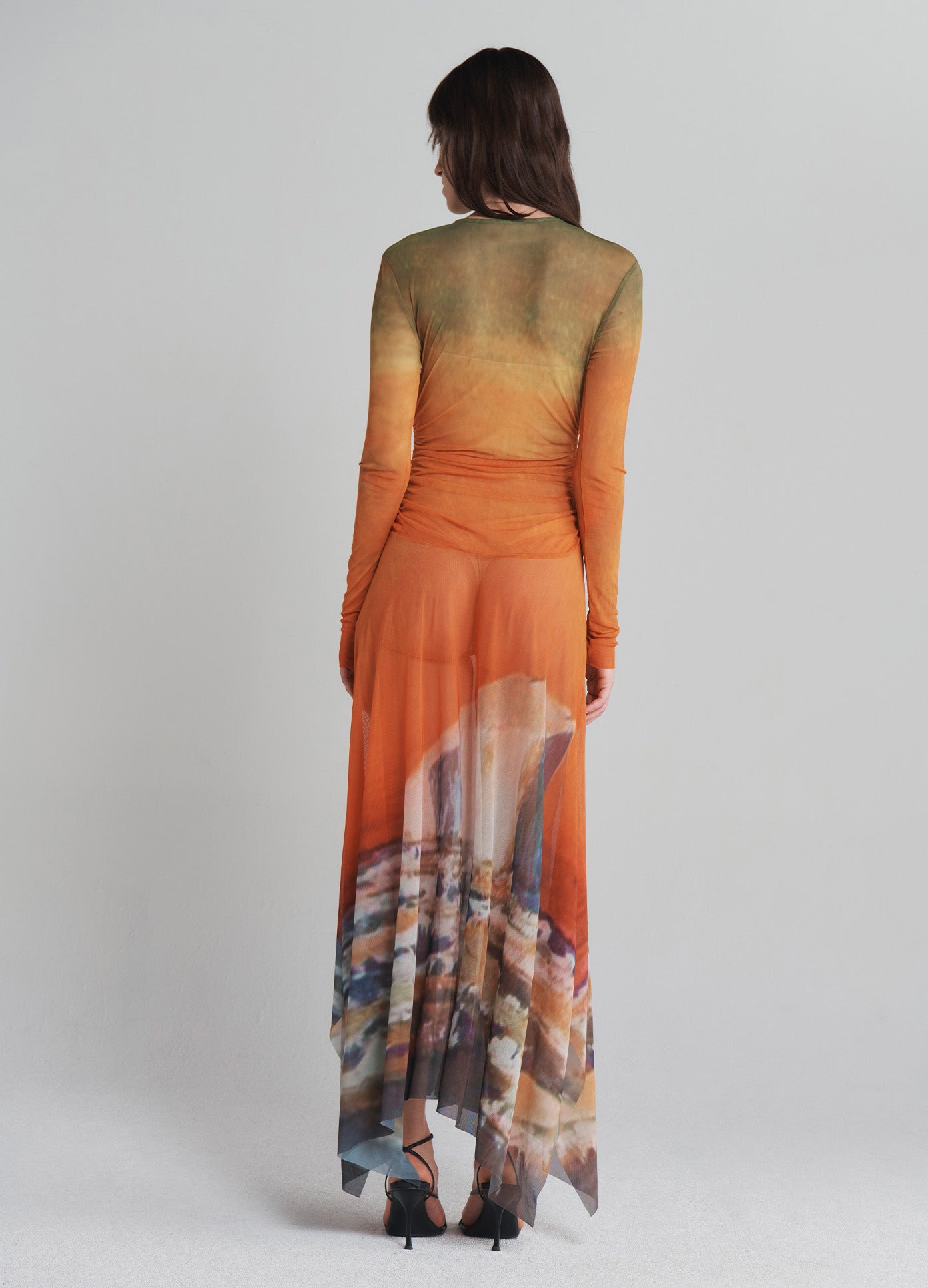 MONSE Printed Mesh Handkerchief Hem Midi Dress in Multi on model full back view