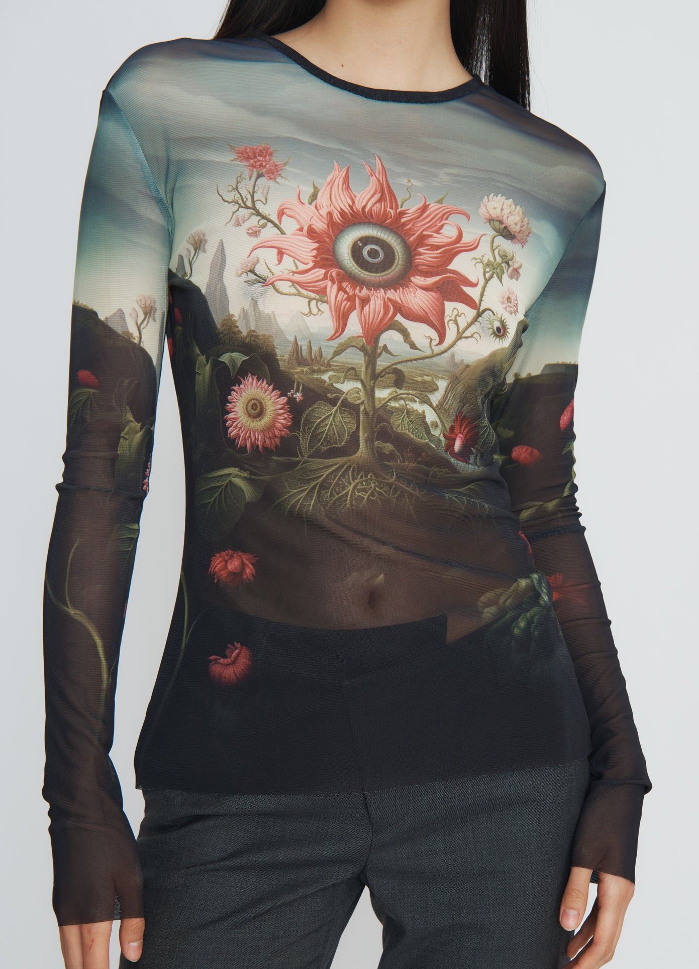 MONSE Printed Mesh Top in Rose Flower Print on model front detail view