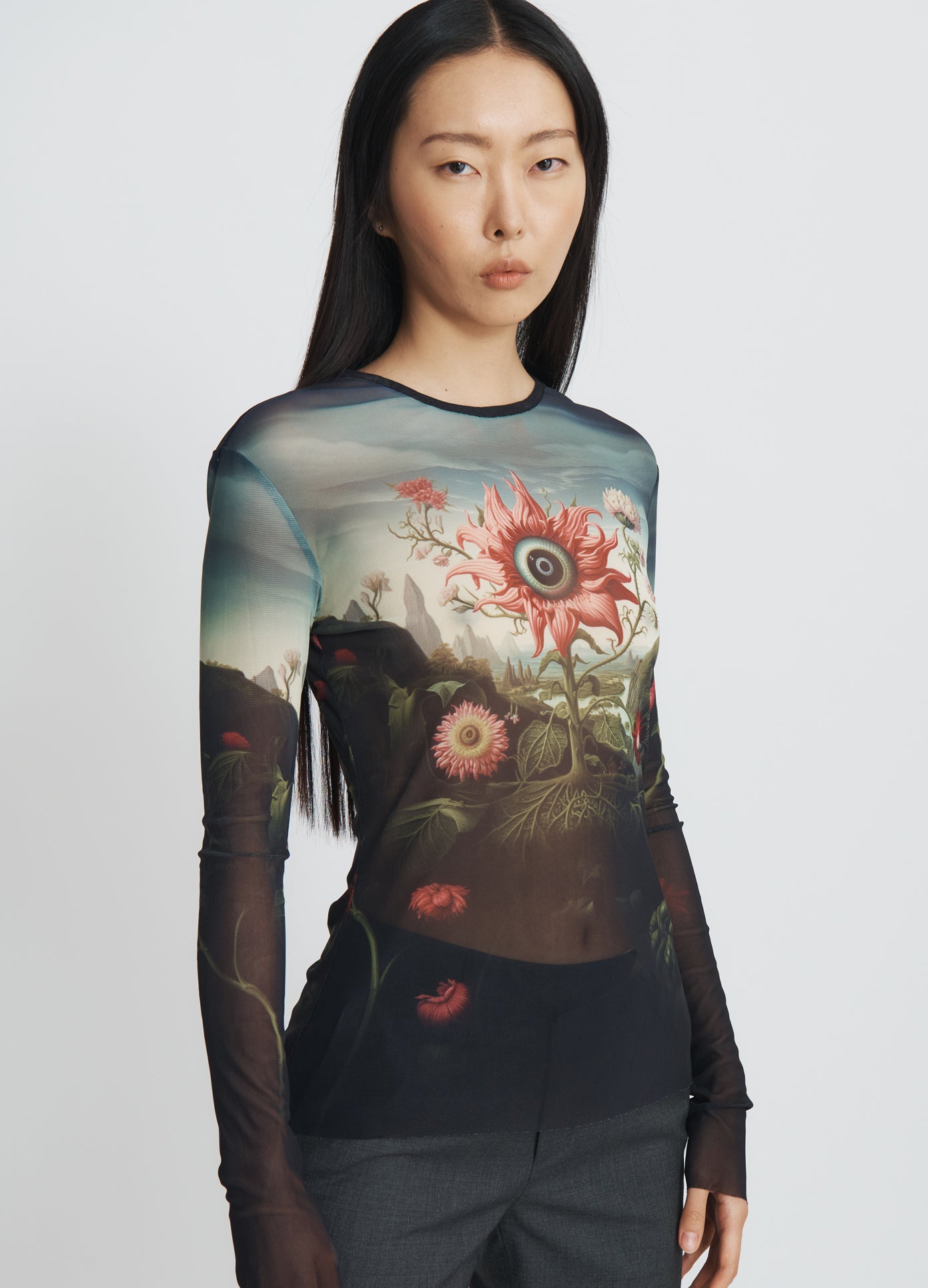 MONSE Printed Mesh Top in Rose Flower Print on model front view