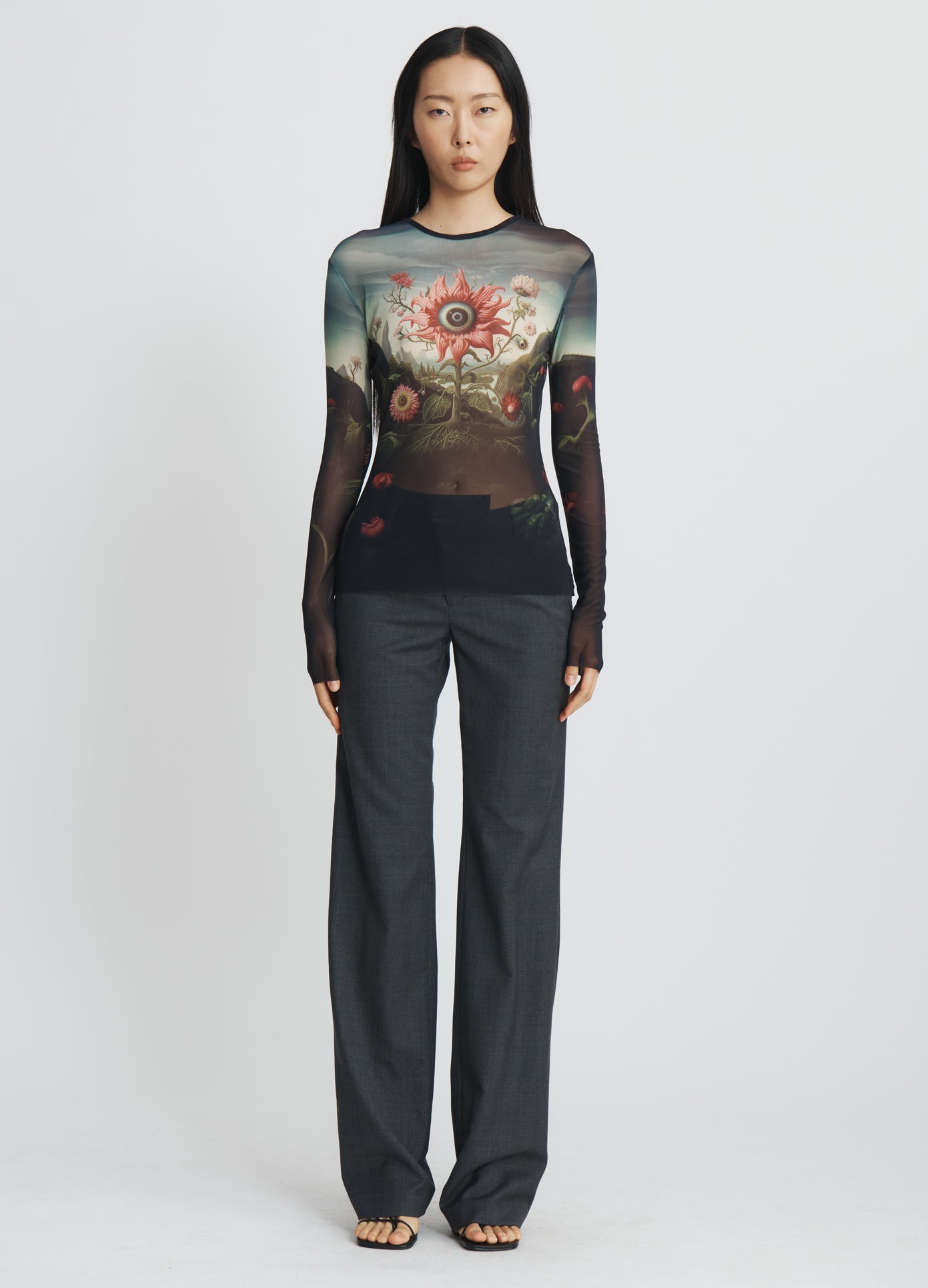 MONSE Printed Mesh Top in Rose Flower Print on model full front view