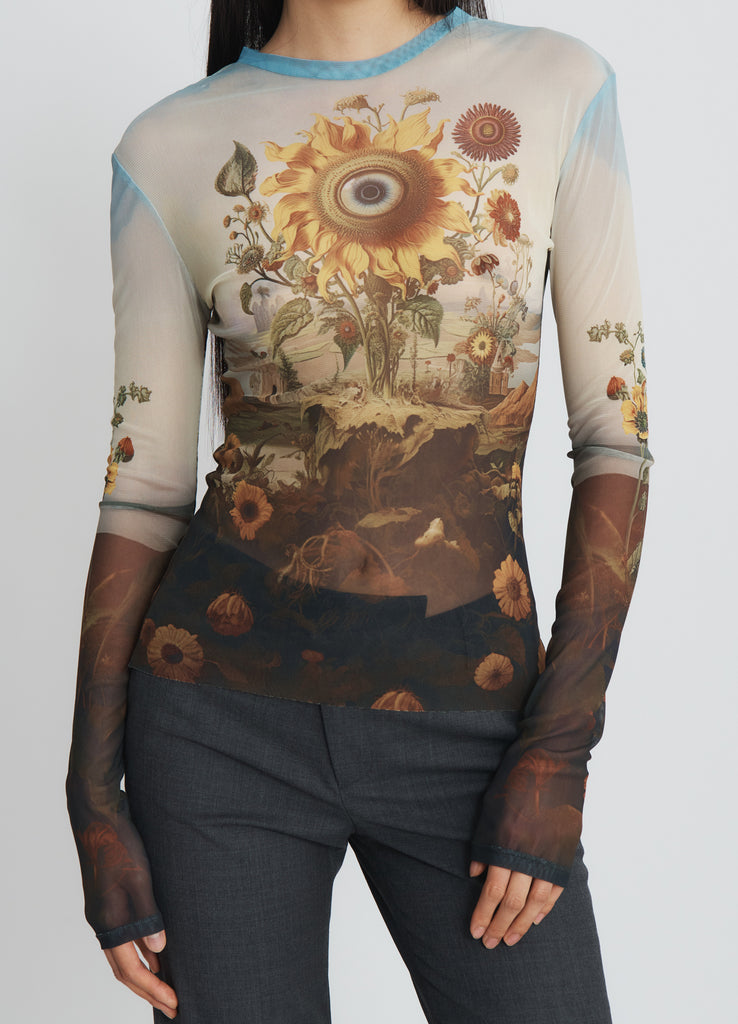 Printed Mesh Top in Sunflower Print