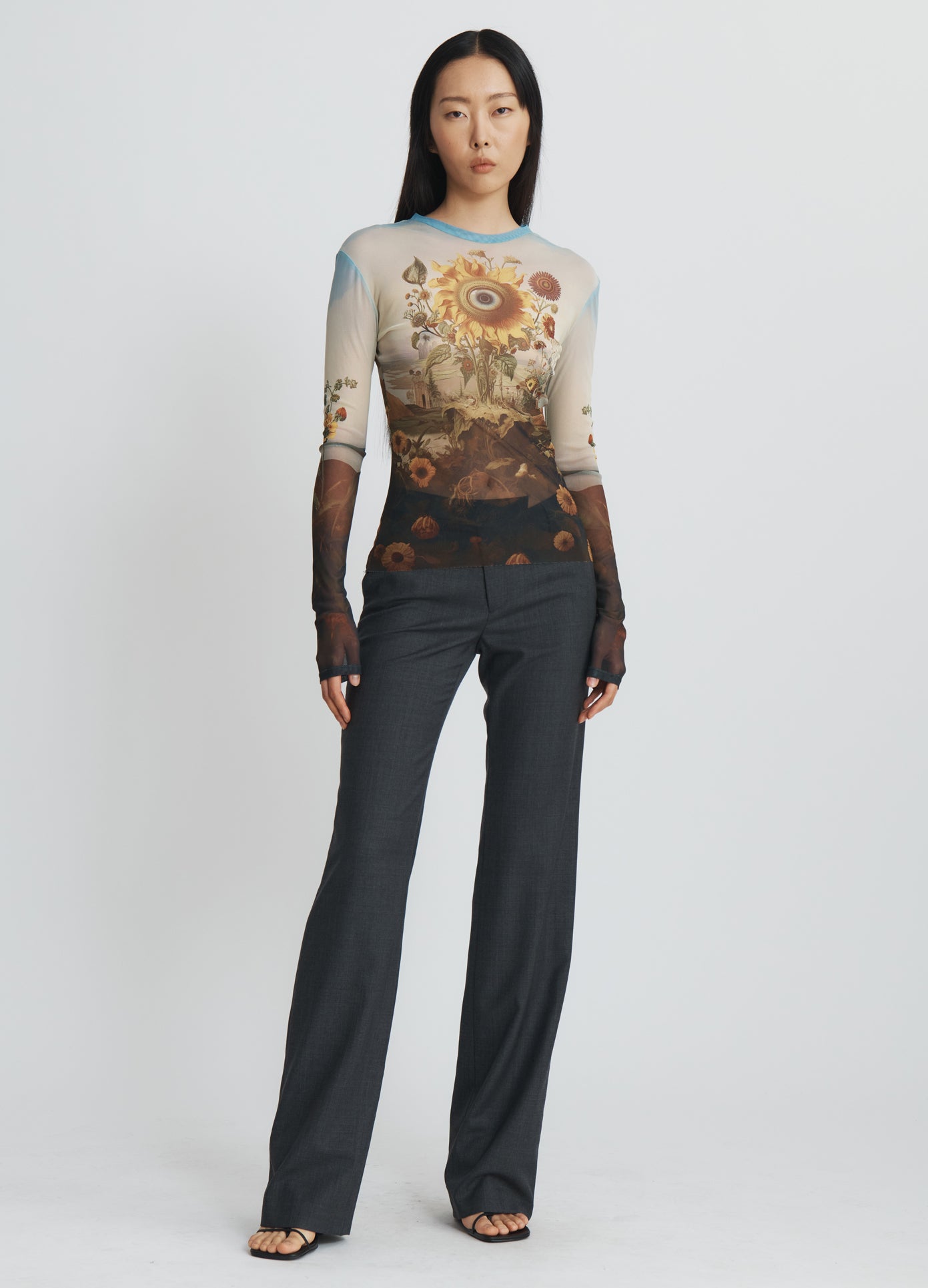 MONSE Printed Mesh Top in Sunflower Print on model full front view