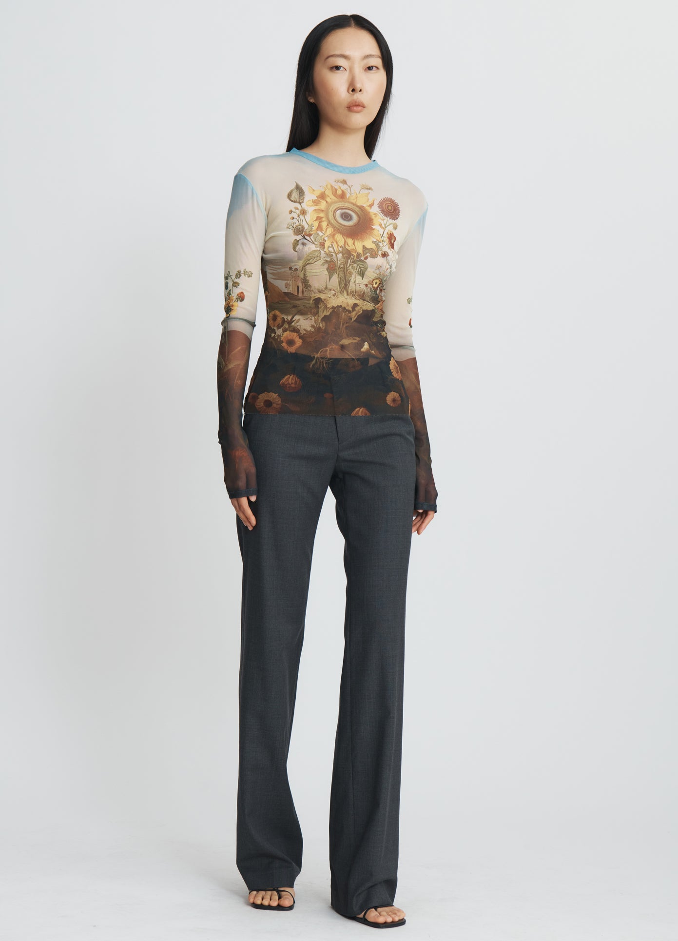 MONSE Printed Mesh Top in Sunflower Print on model walking full front view