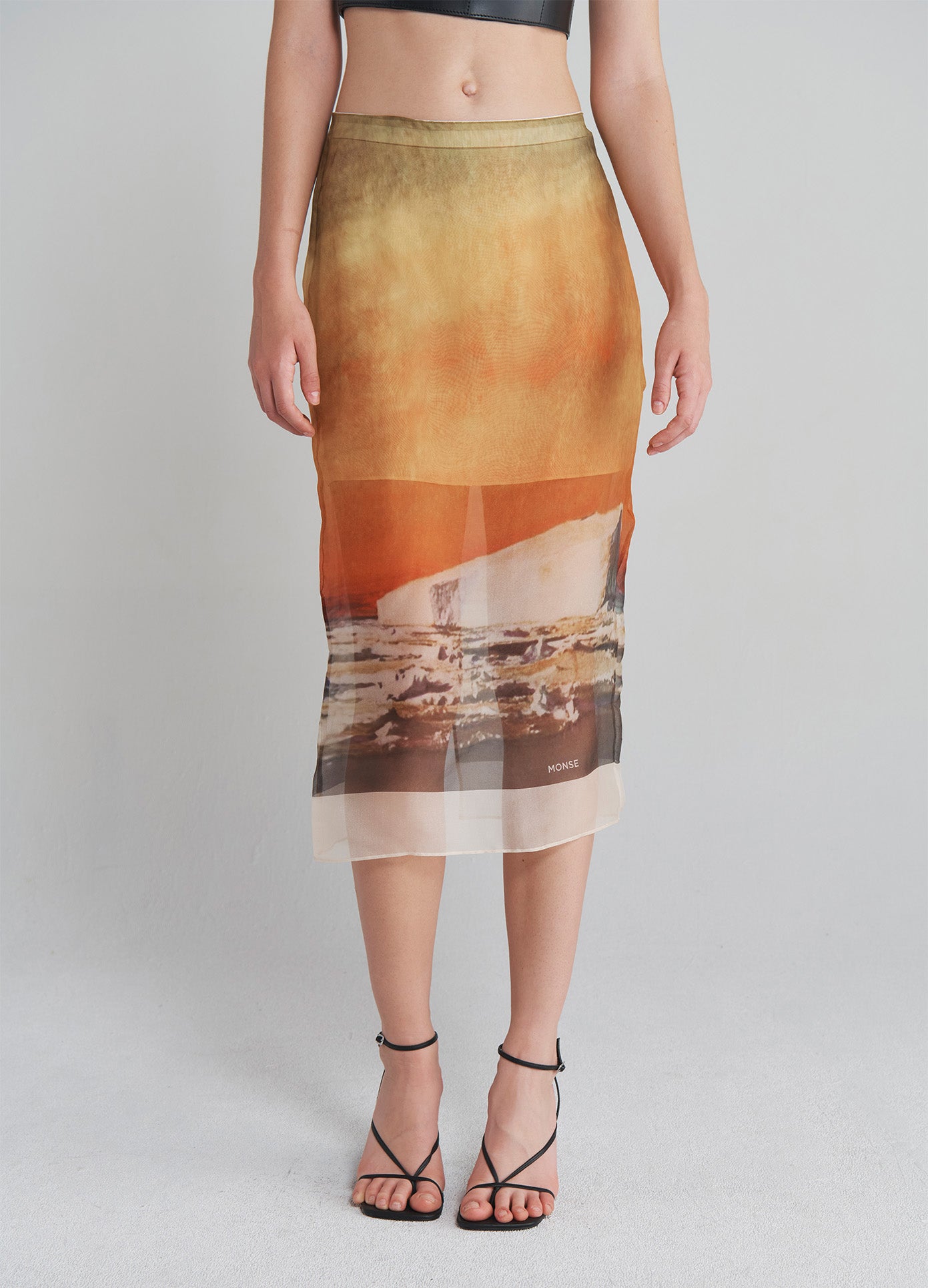 MONSE Printed Organza Pencil Skirt with lining on model front bottom view