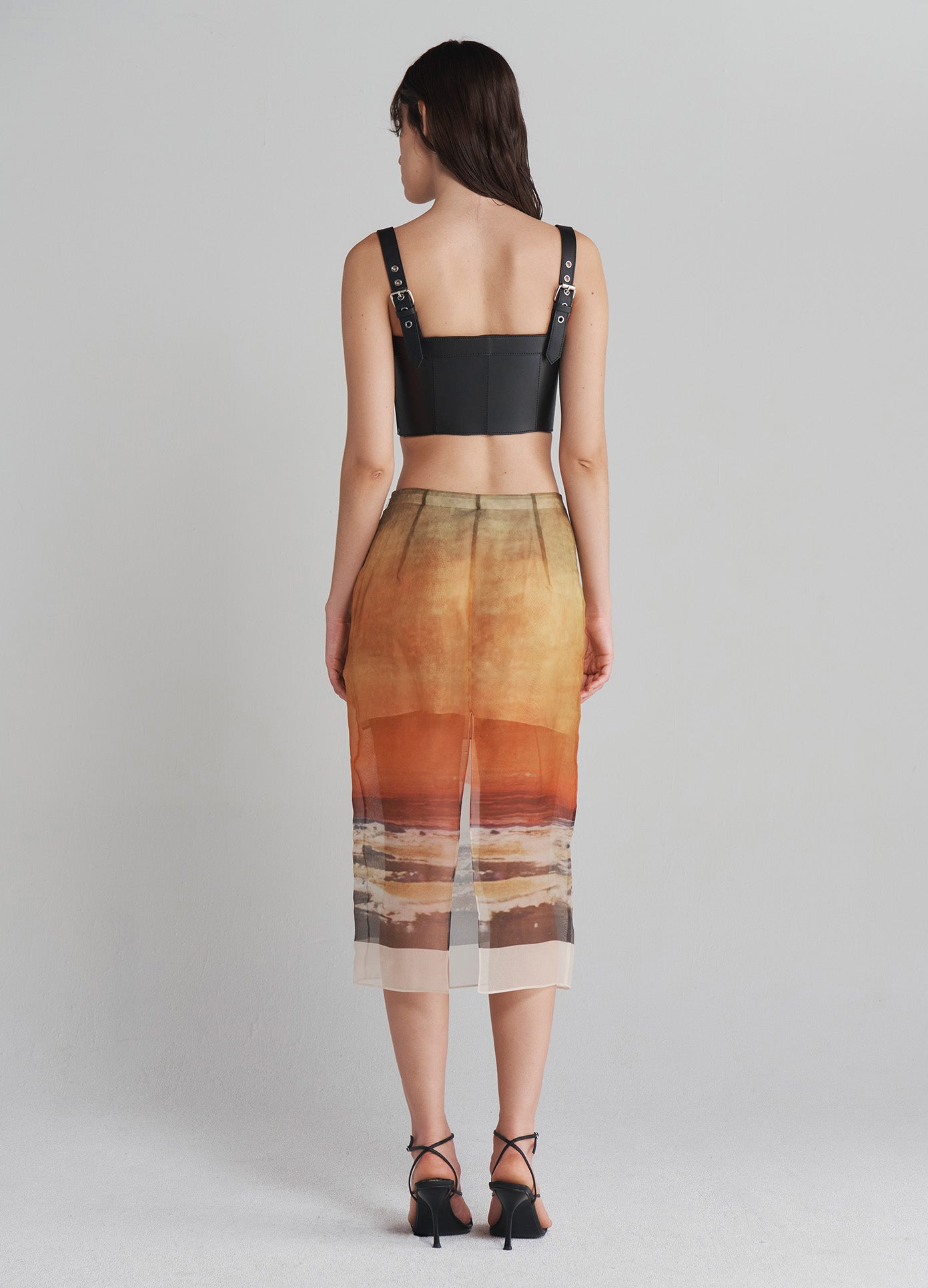 MONSE Printed Organza Pencil Skirt with lining on model full back view