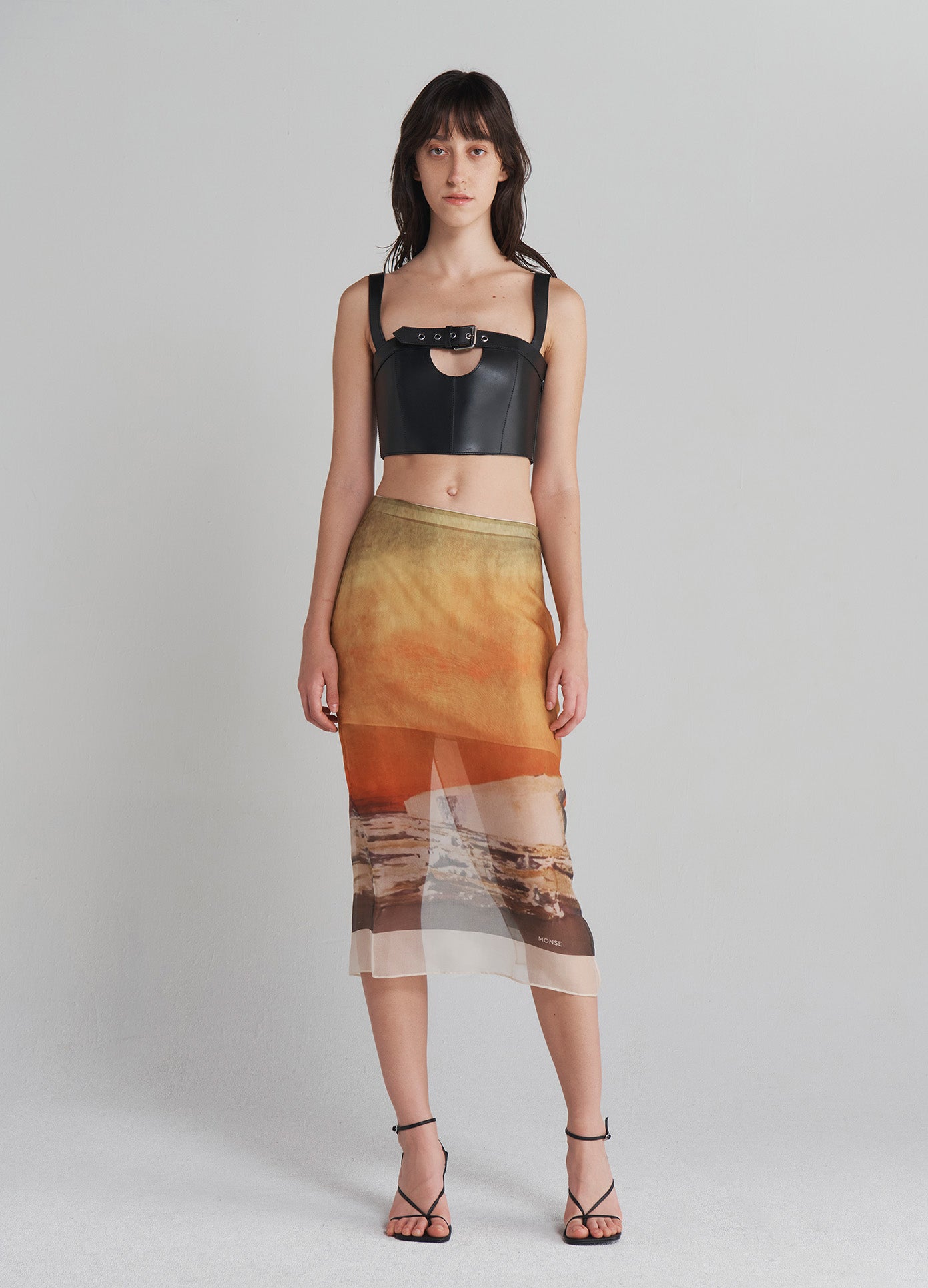 MONSE Printed Organza Pencil Skirt with lining on model full front view