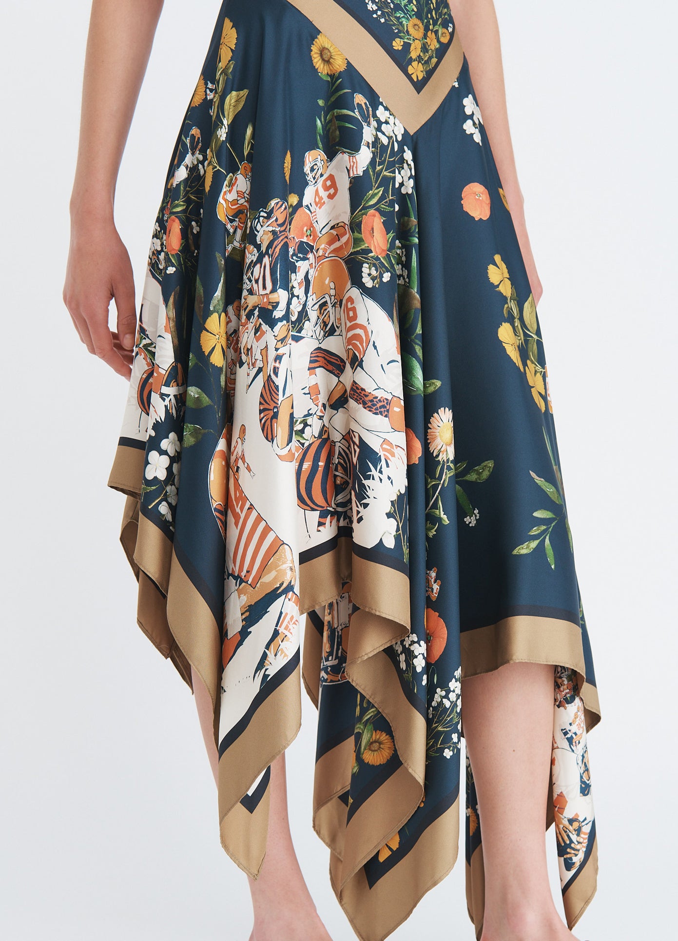 MONSE Printed Scarf Midi Dress in midnight multi on model front detail view