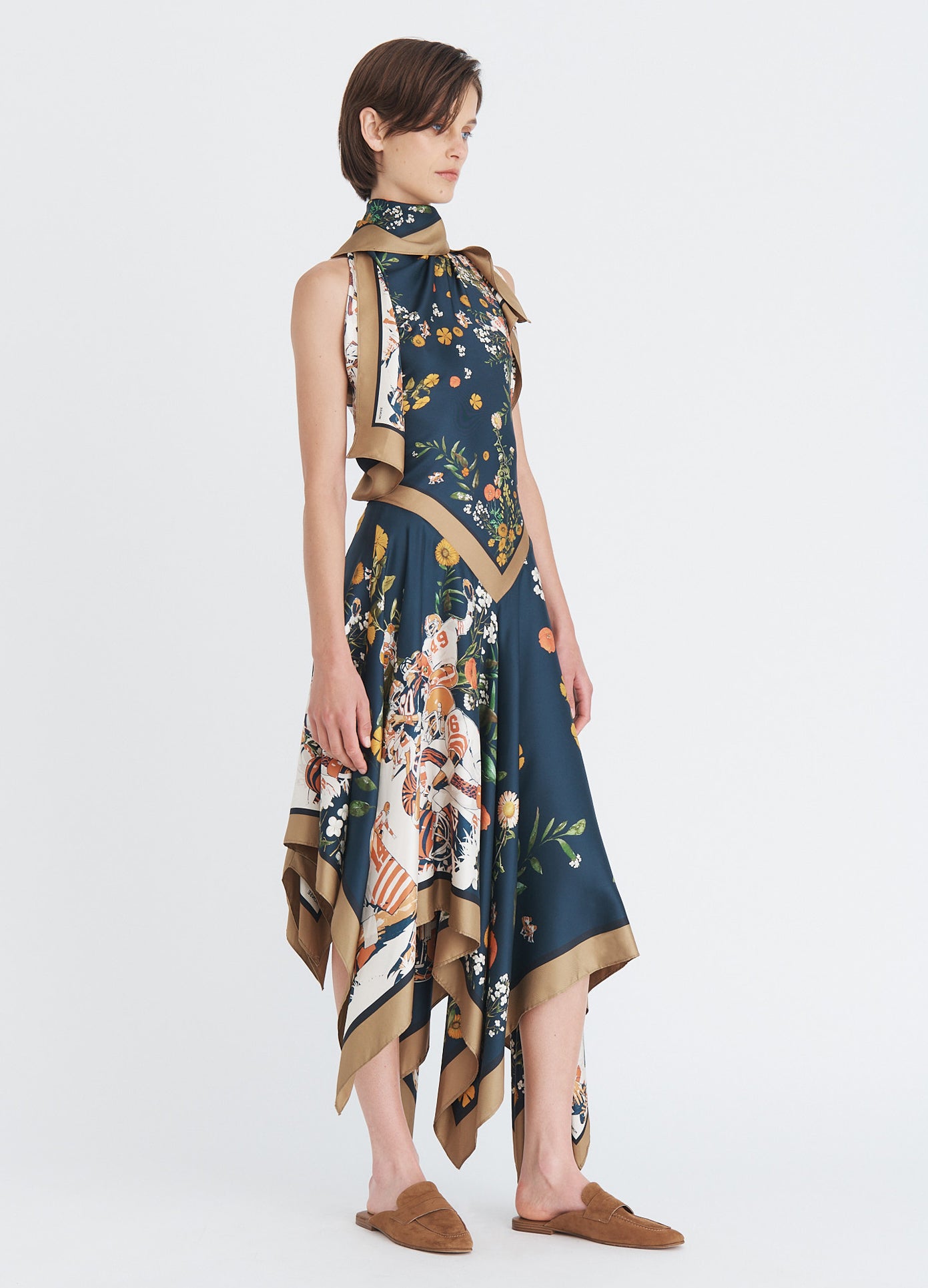 MONSE Printed Scarf Midi Dress in midnight multi on model full front view