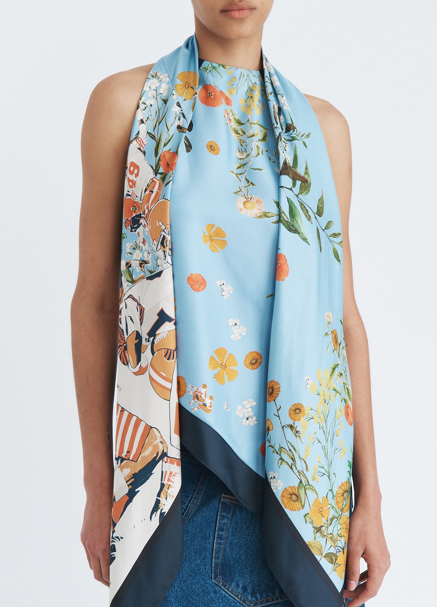 MONSE Printed Scarf Top in blue multi on model front detail view