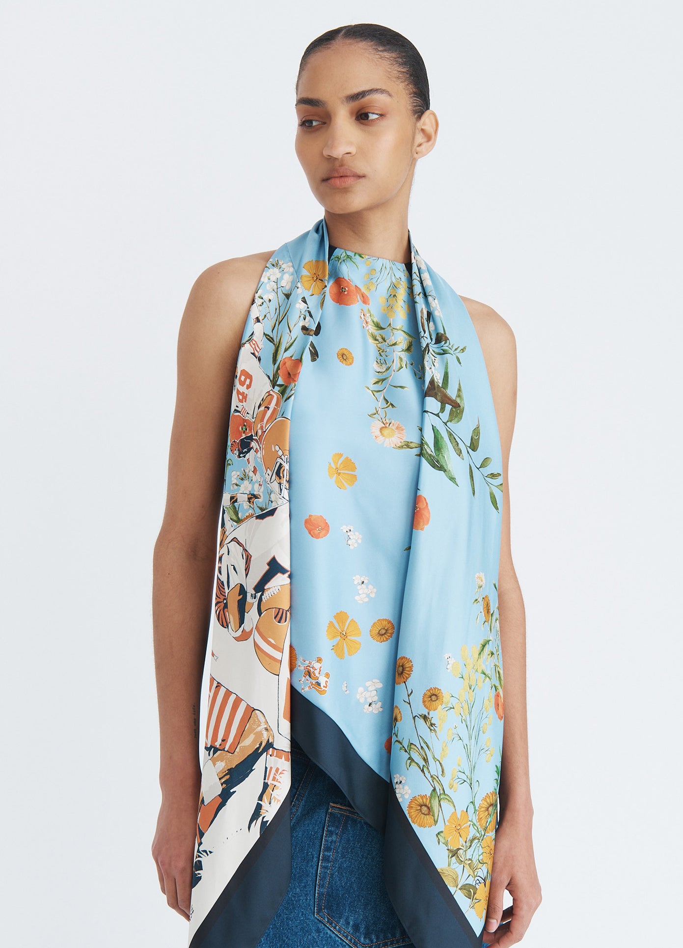 MONSE Printed Scarf Top in blue multi on model front view