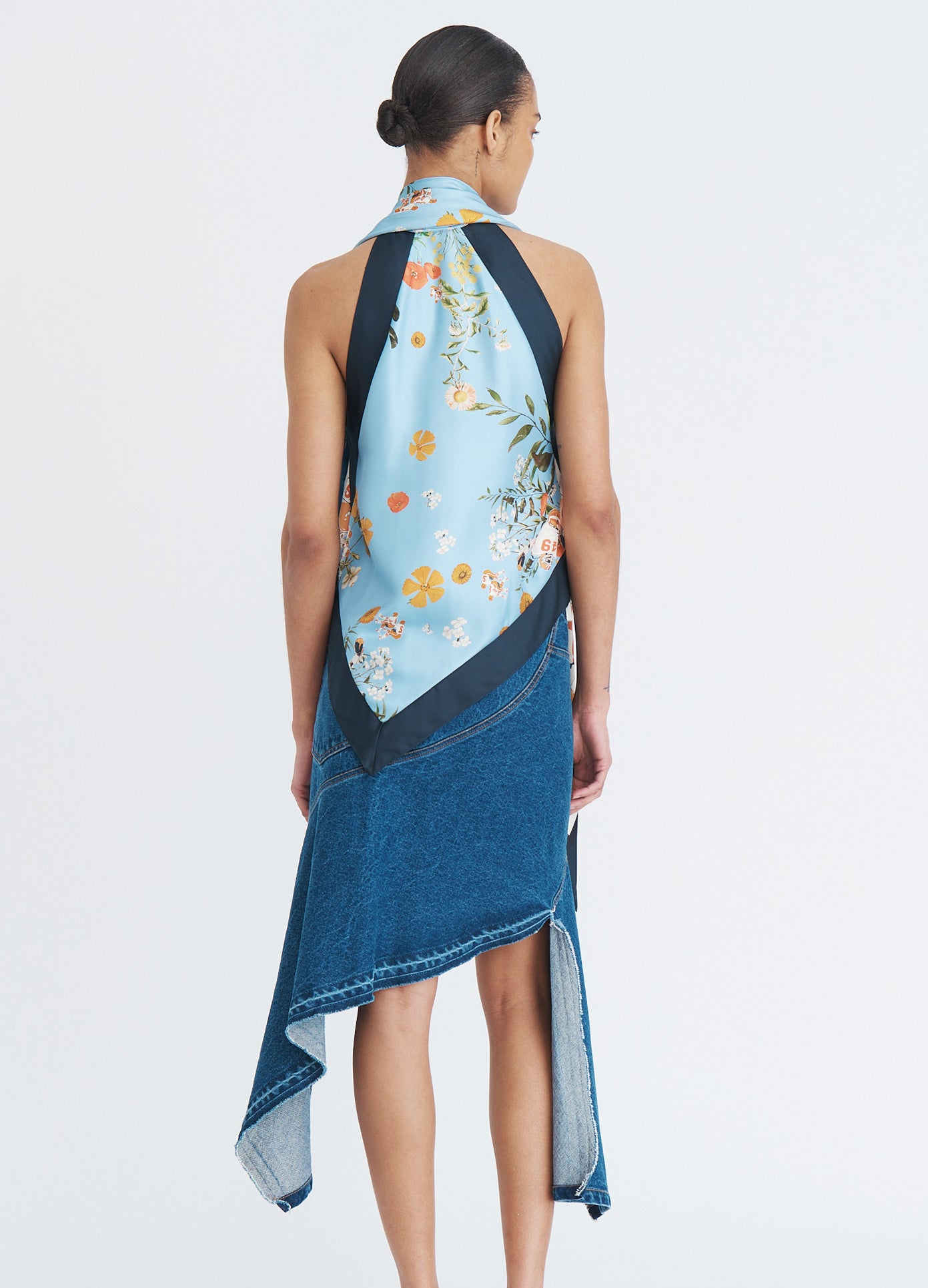 MONSE Printed Scarf Top in blue multi on model full back view