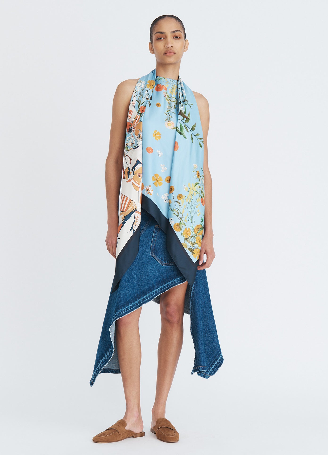 MONSE Printed Scarf Top in blue multi on model full front view