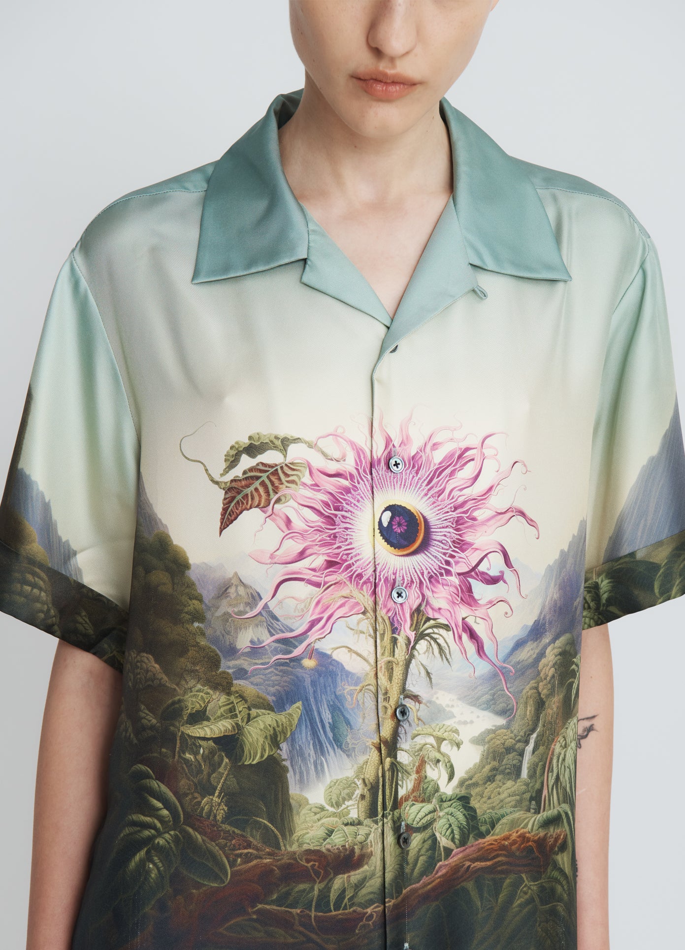 MONSE Printed Short Sleeve Shirt in Passion Flower Print on model front detail view