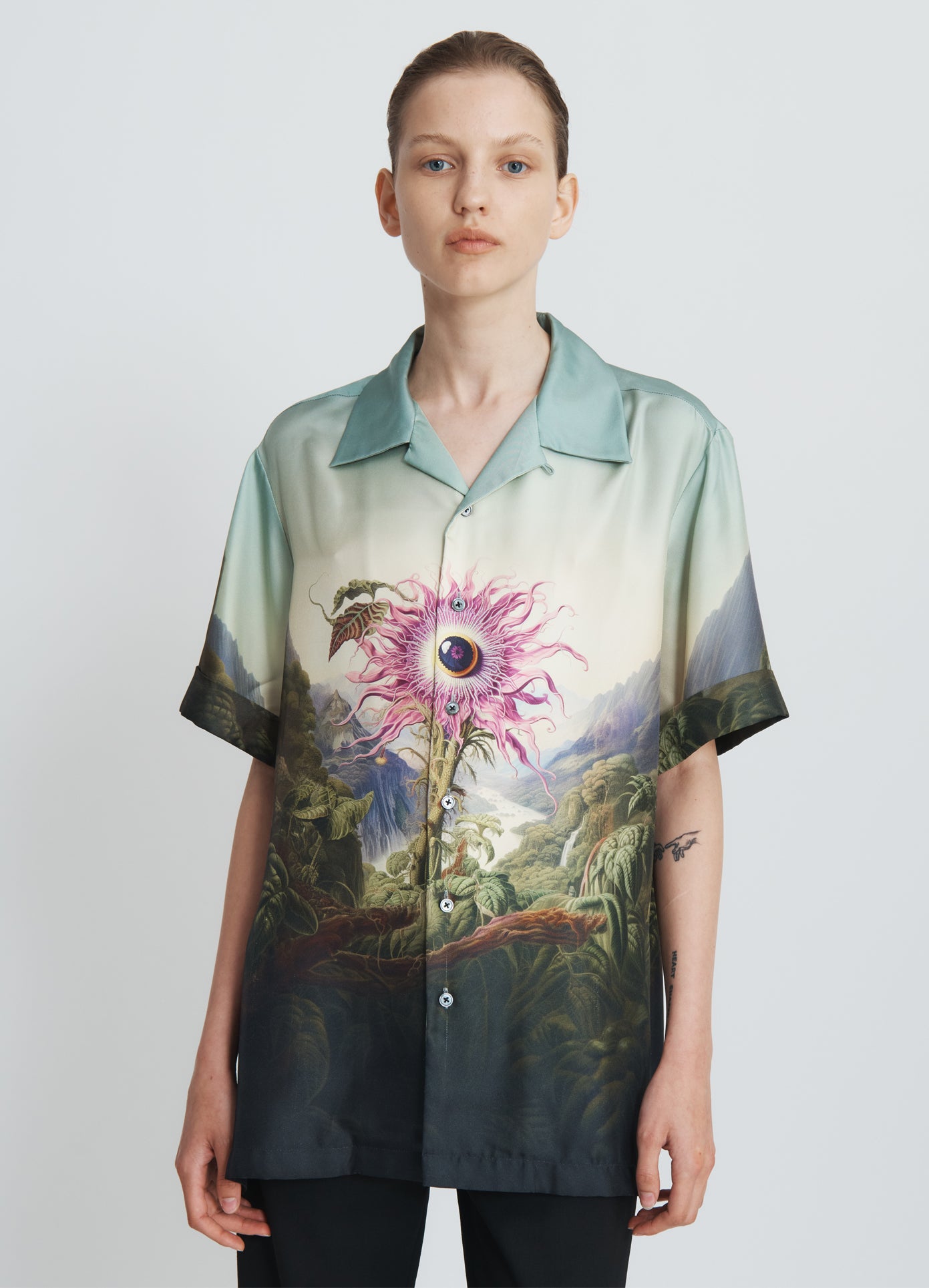 MONSE Printed Short Sleeve Shirt in Passion Flower Print on model front view