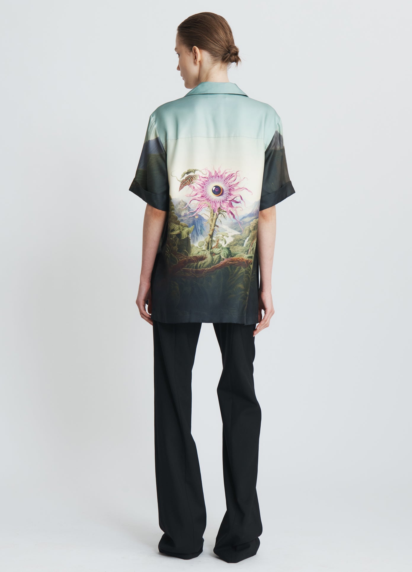 MONSE Printed Short Sleeve Shirt in Passion Flower Print on model full back view