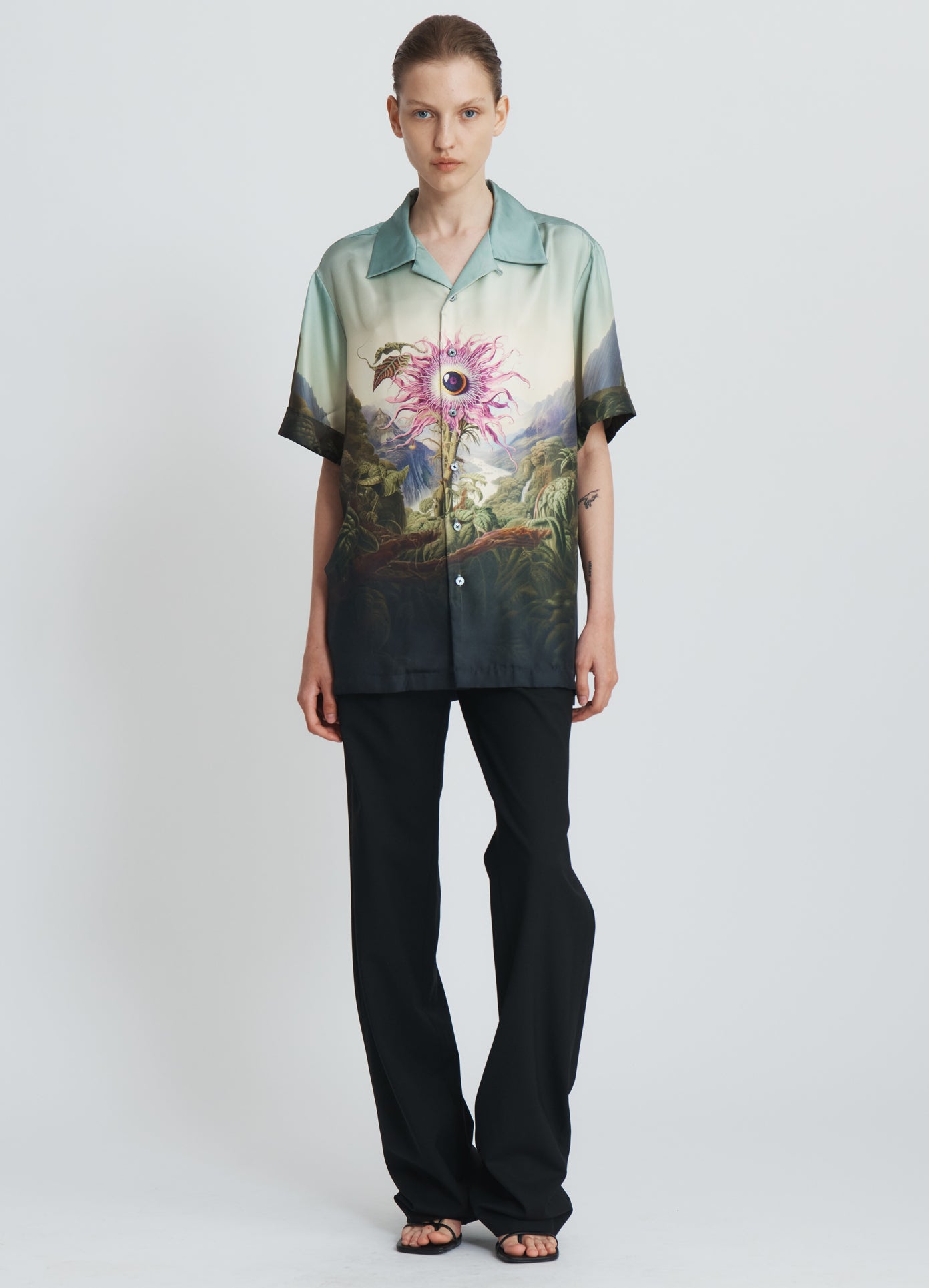 MONSE Printed Short Sleeve Shirt in Passion Flower Print on model full front view