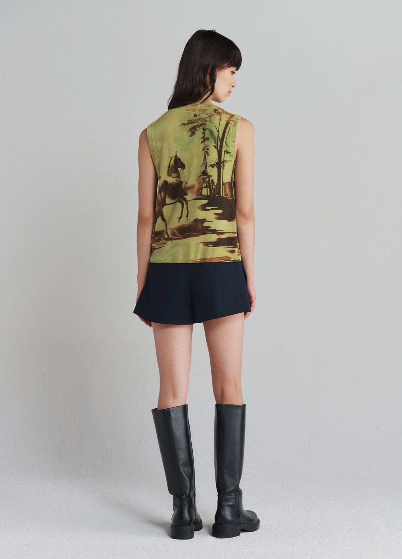 MONSE Printed Sleeveless Knitted Vest in Multi Print on model full back view