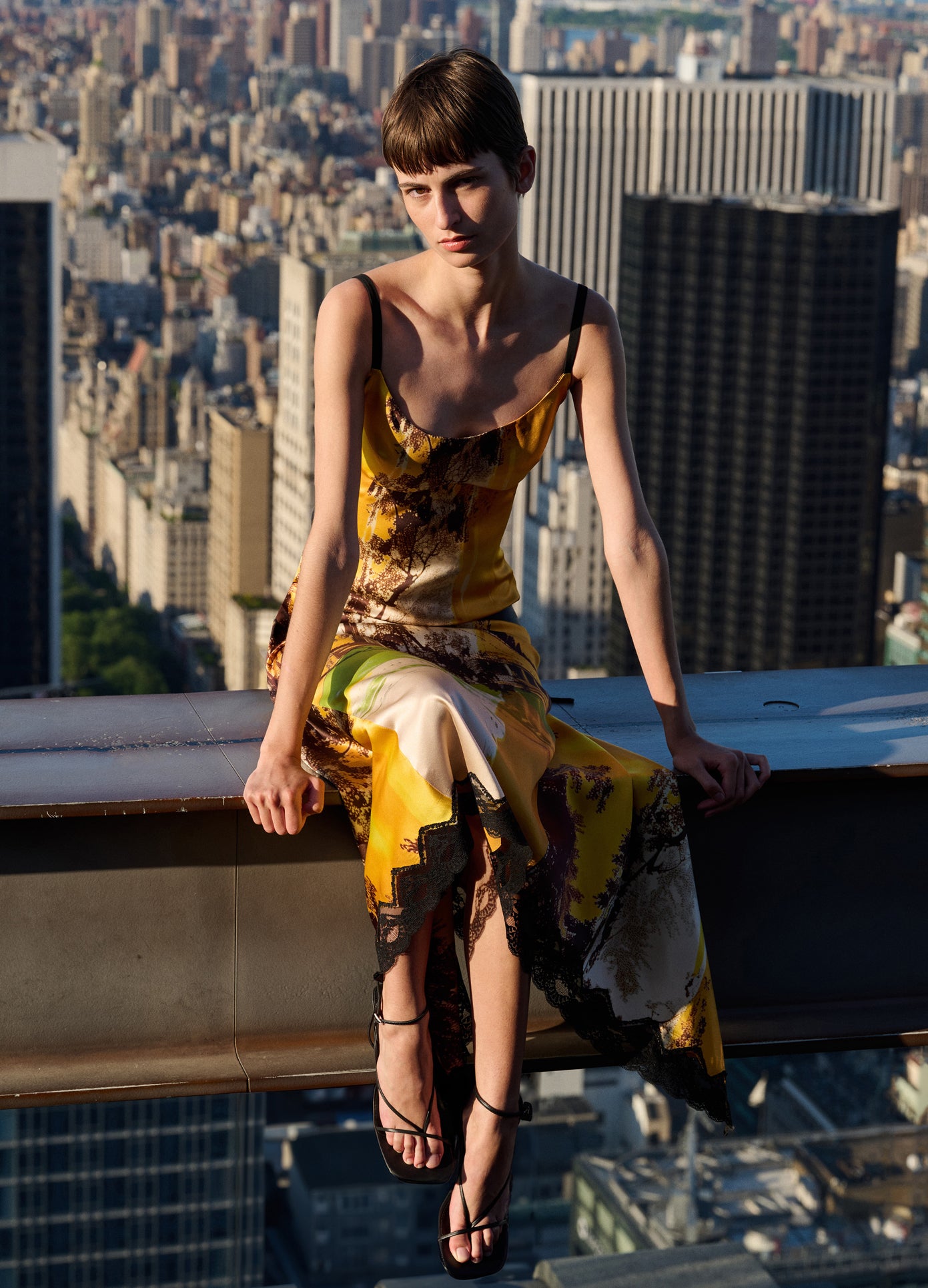 MONSE Printed Slip Dress With Lace Hem in Multi on model editorial image