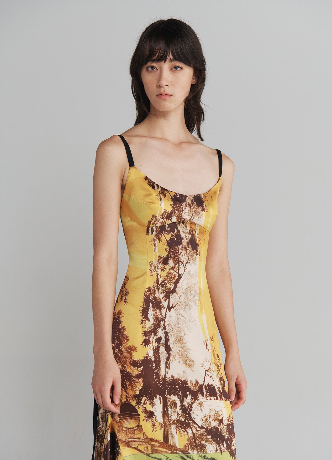 MONSE Printed Slip Dress with Lace Hem in Multi on model front view