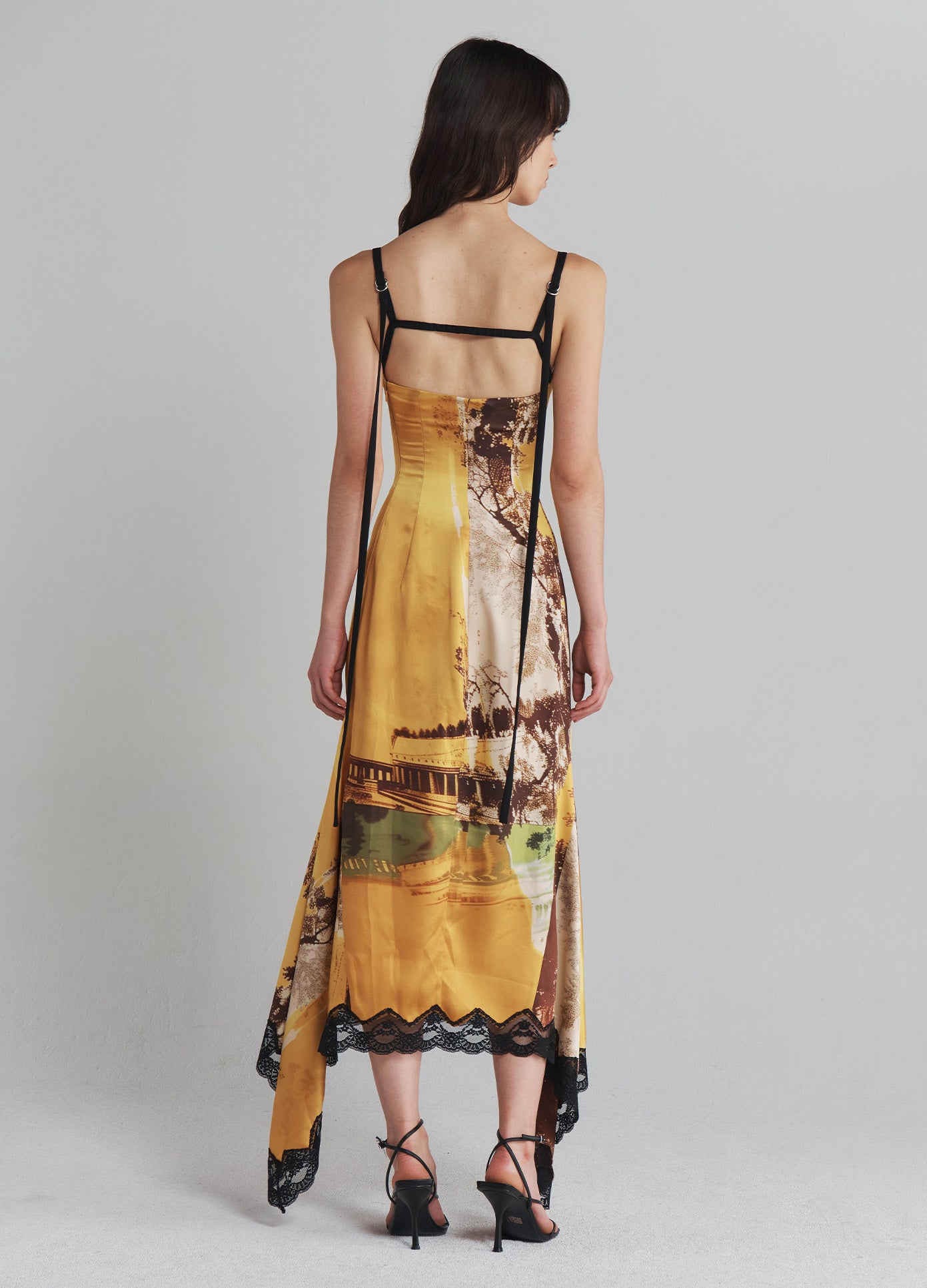 MONSE Printed Slip Dress with Lace Hem in Multi on model full back view