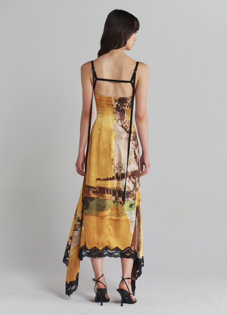 Printed Slip Dress with Lace Hem in Multi Colored 100% Silk