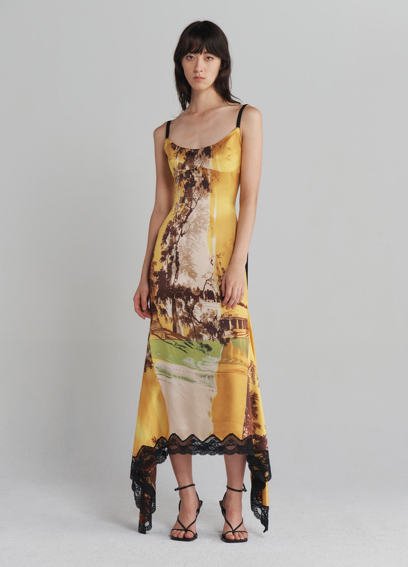 Printed Slip Dress with Lace Hem in Multi Colored 100 Silk