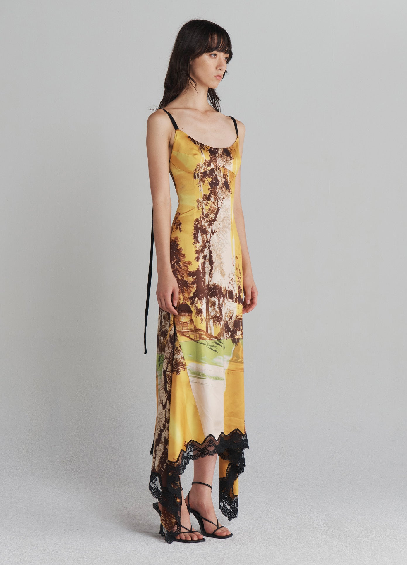 MONSE Printed Slip Dress with Lace Hem in Multi on model full side view