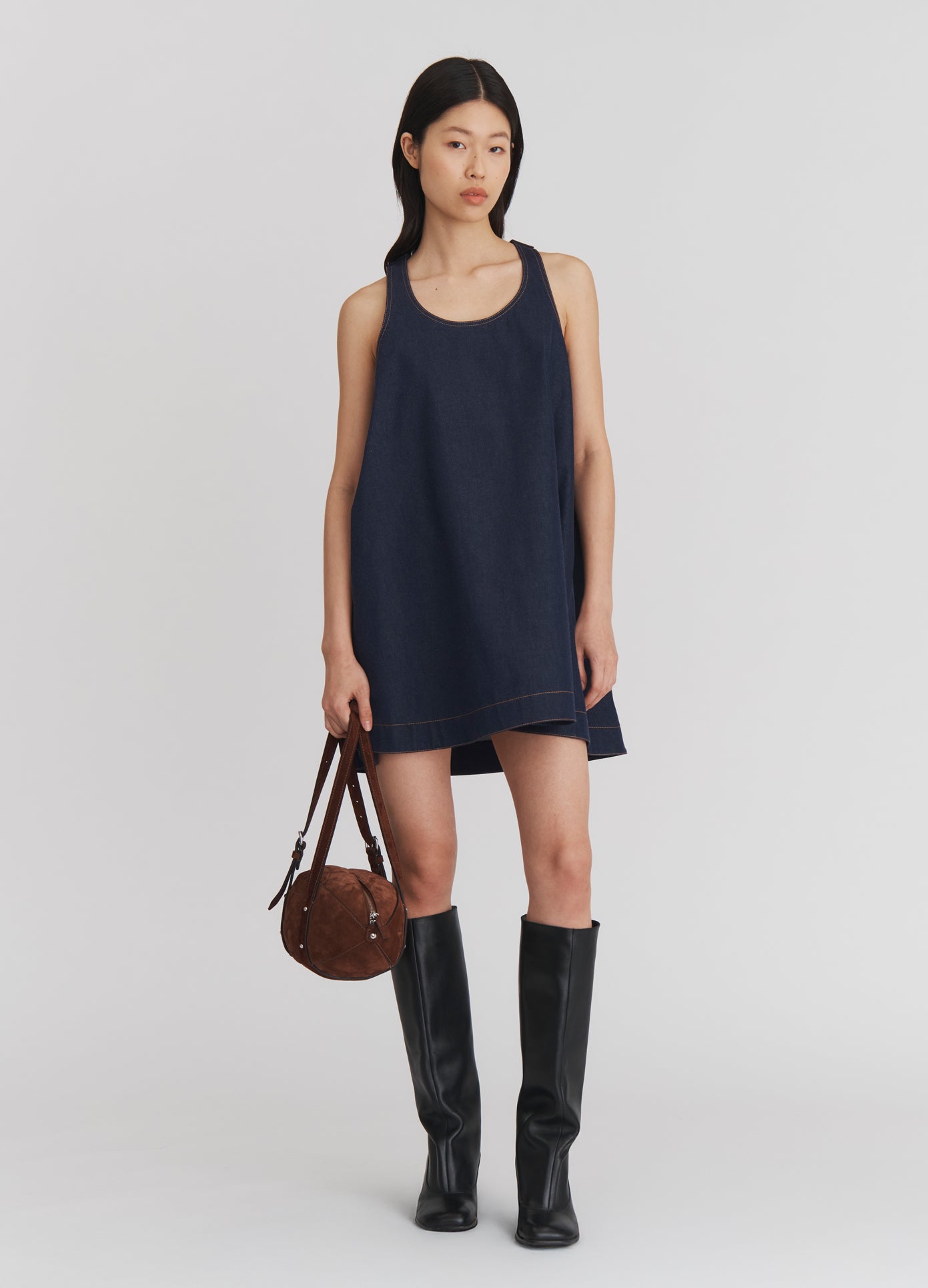 MONSE Racerback Boxy Mini Dress in Indigo on model alternate full front view