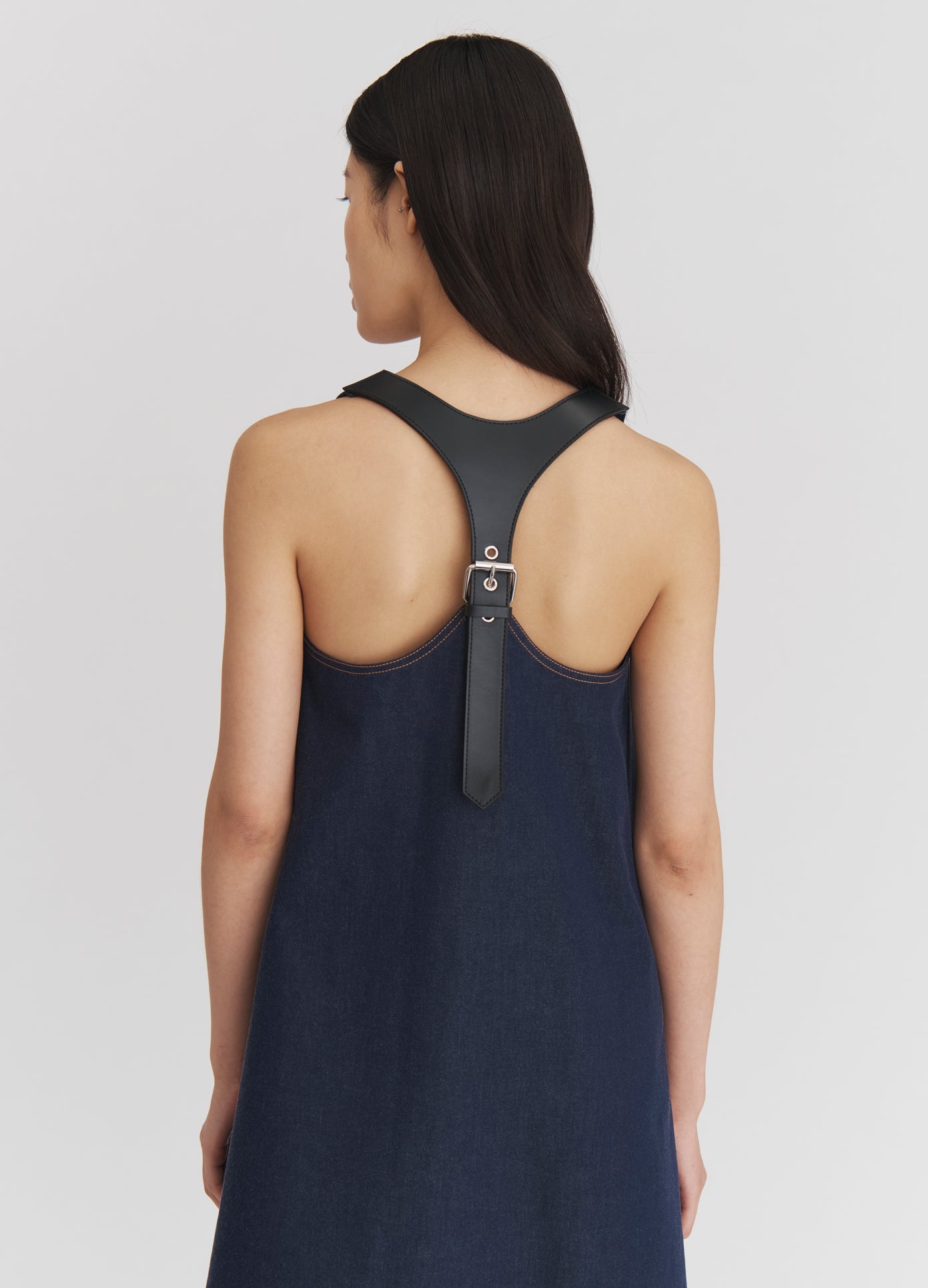 MONSE Racerback Boxy Mini Dress in Indigo on model back view