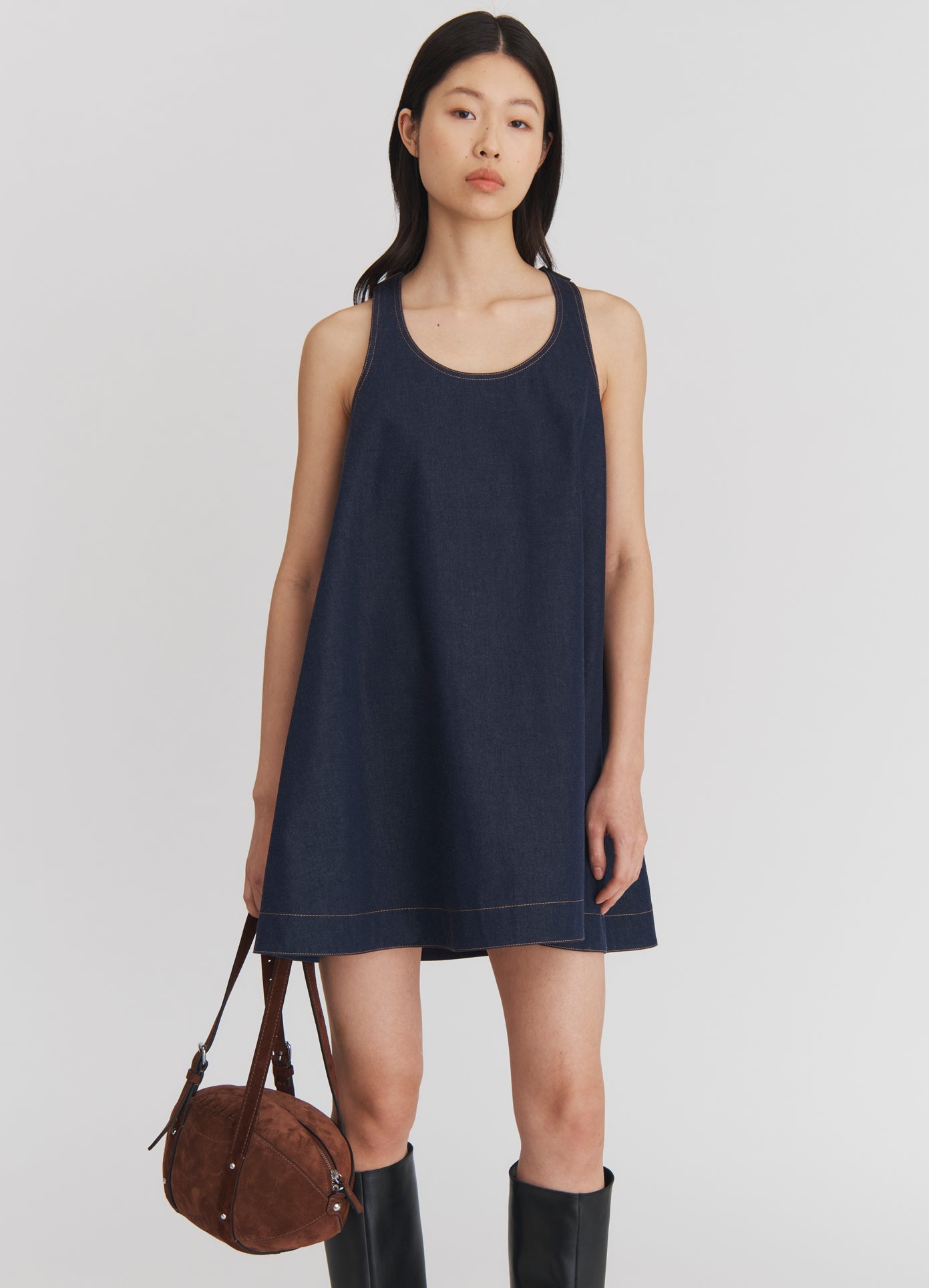 MONSE Racerback Boxy Mini Dress in Indigo on model front view