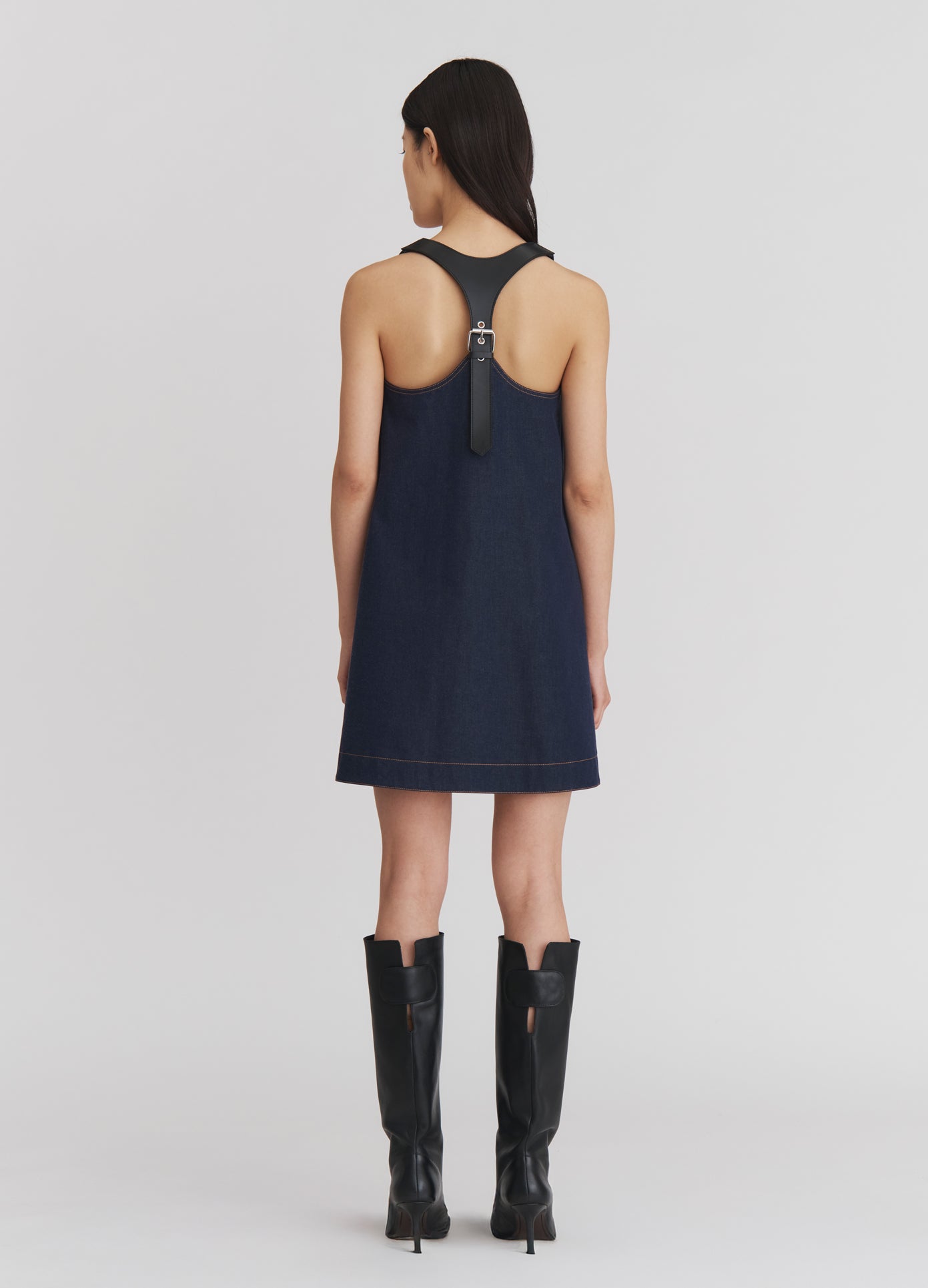 MONSE Racerback Boxy Mini Dress in Indigo on model full back view