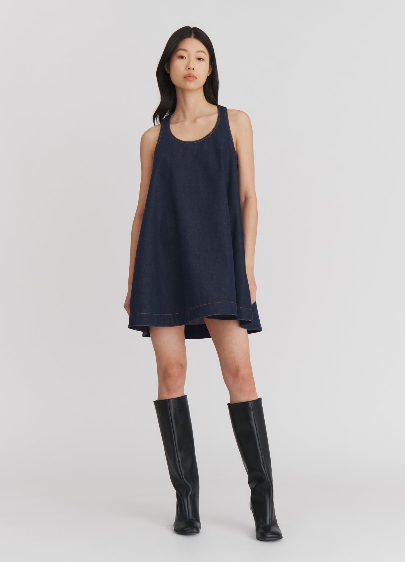 MONSE Racerback Boxy Mini Dress in Indigo on model full front view