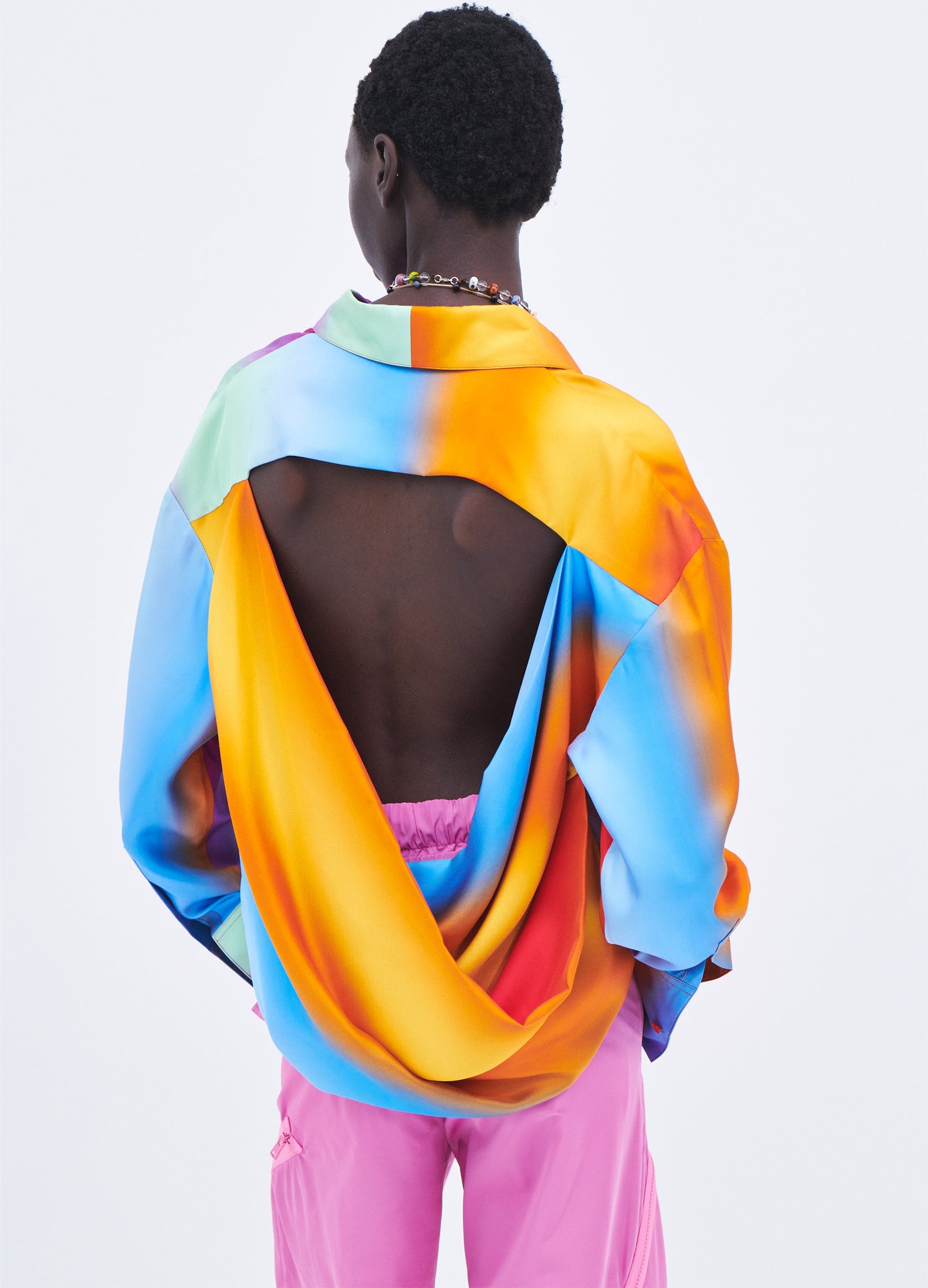 MONSE Rainbow Blur Cowl Back Blouse in Multi Colors on model back view