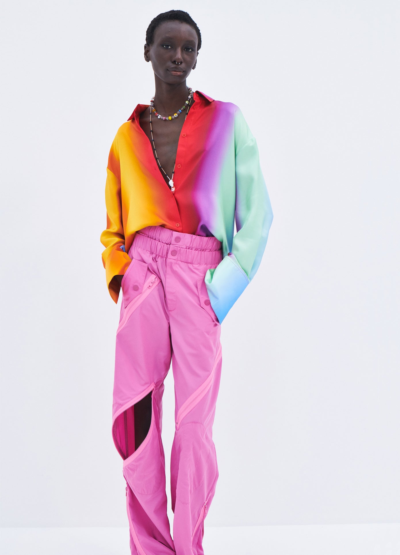 MONSE Rainbow Blur Cowl Back Blouse in Multi Colors on model front view
